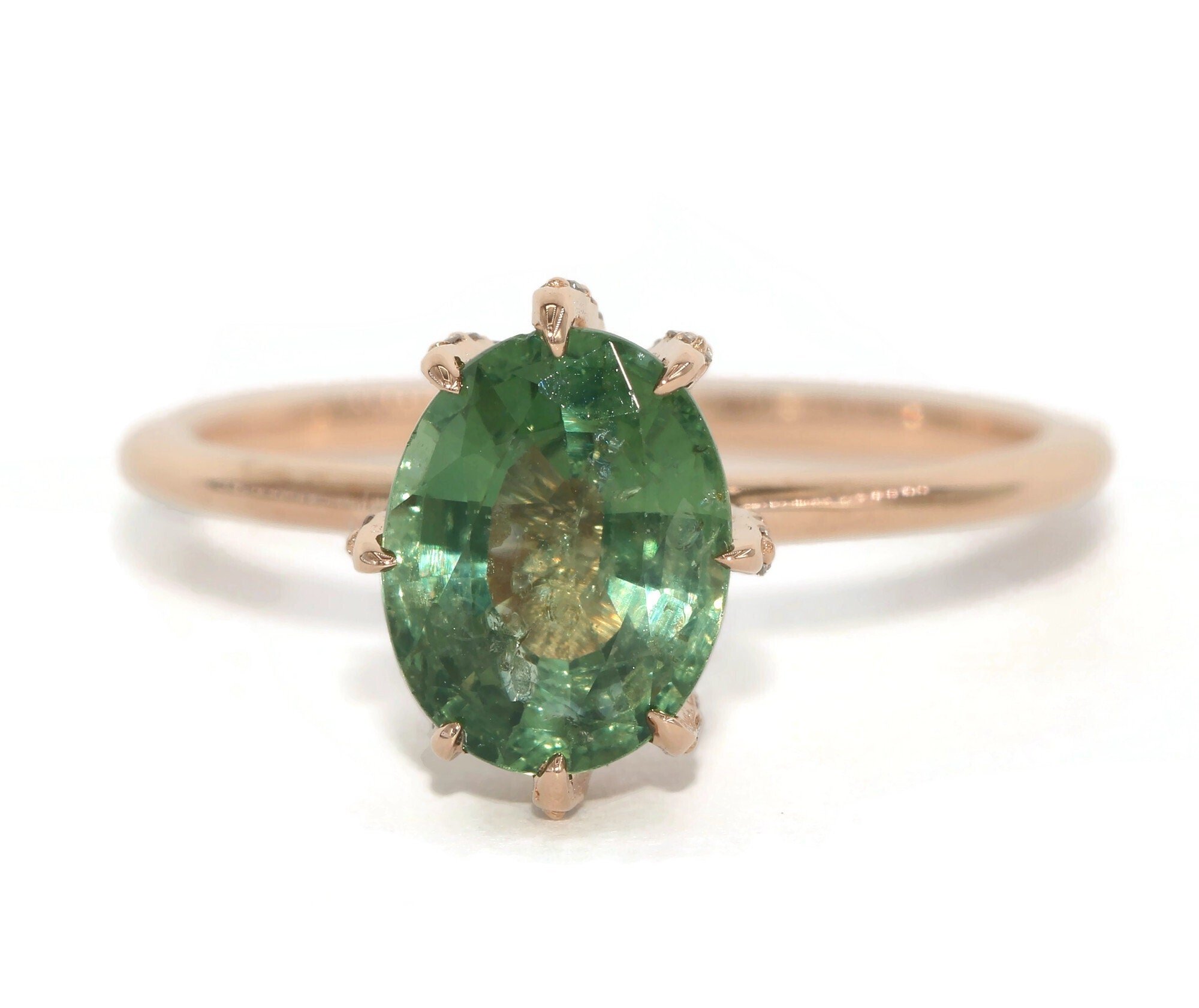 2 carat Oval Green Natural Sapphire Ring With 8 Diamond Pave Claw Prongs