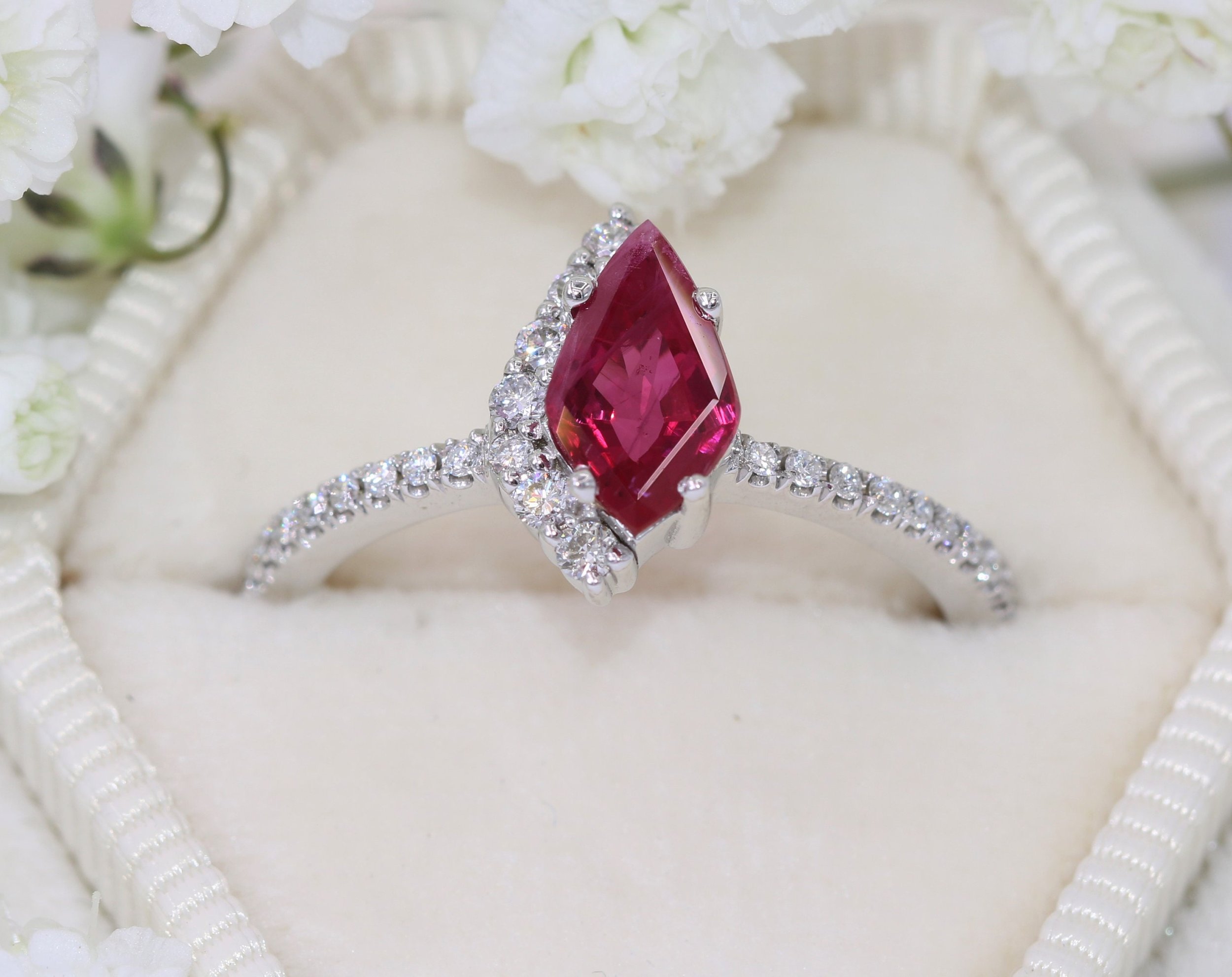 1 carat Kite Natural Ruby Cluster One Of A Kind Ring with Half Diamond Halo