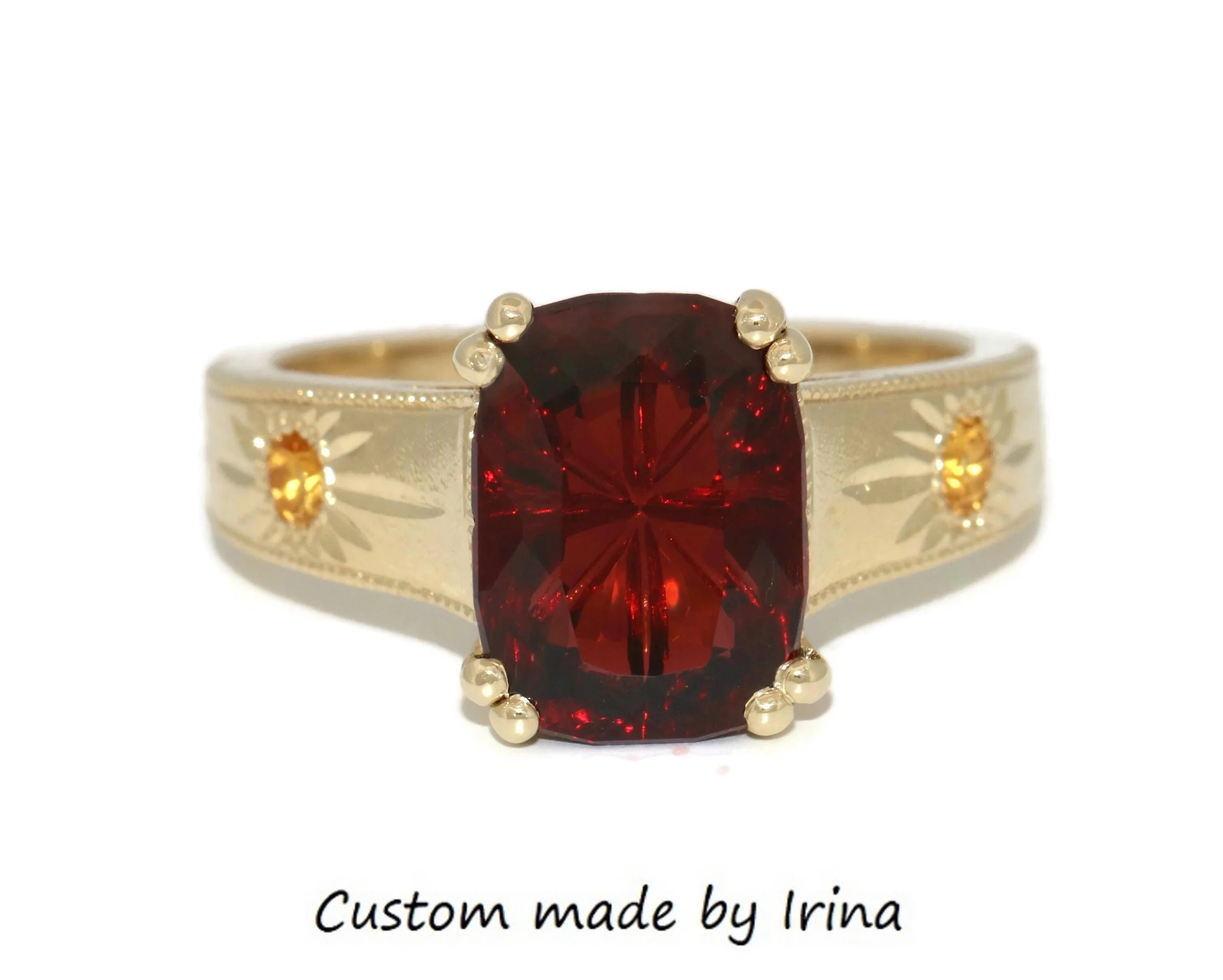 Hand Engraved Rare Custom Cut Gemstone Sunshine Ring 14k Solid Gold