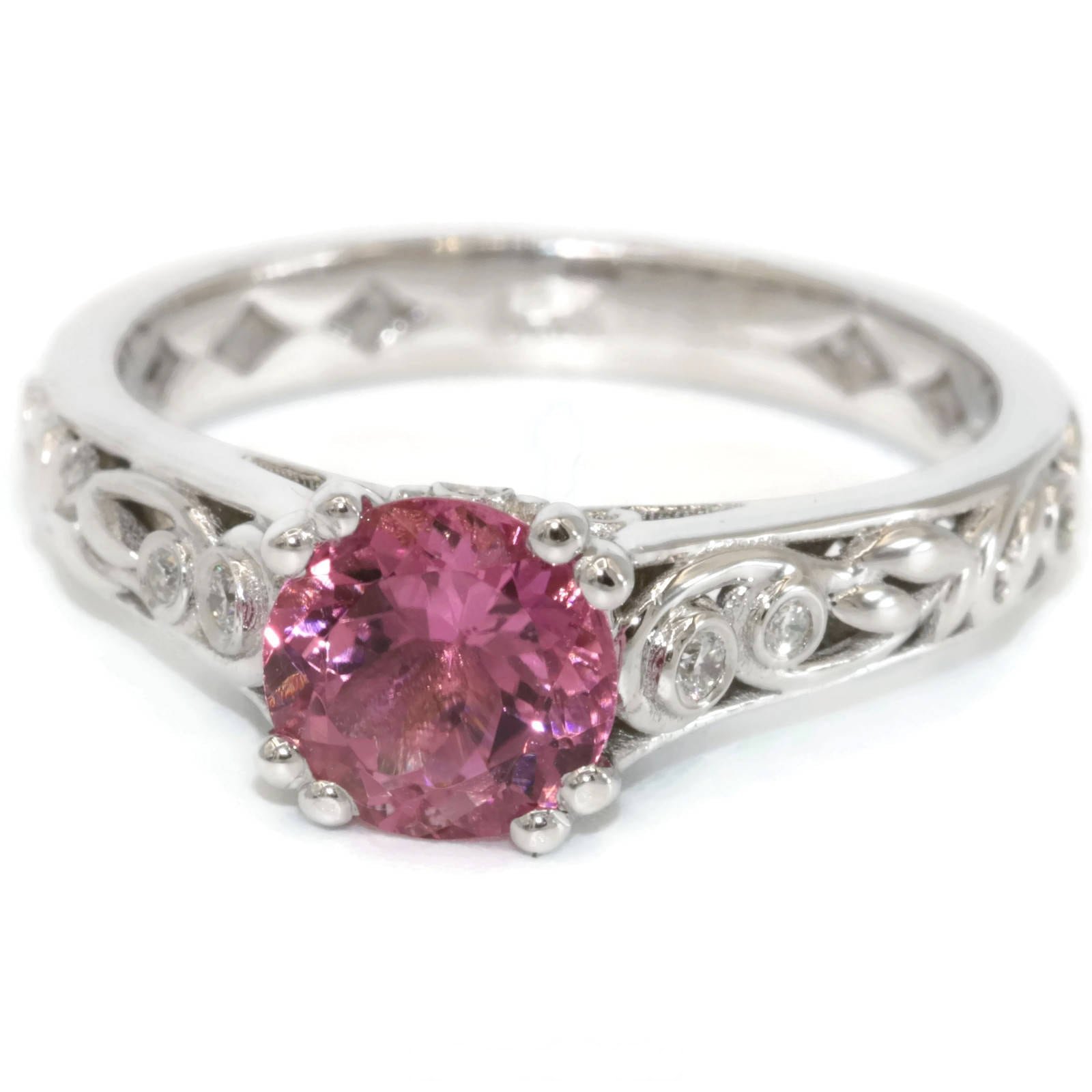 7 mm Pink Natural Tourmaline Scroll Vine Leaf Pattern Filigree Lacework Ring