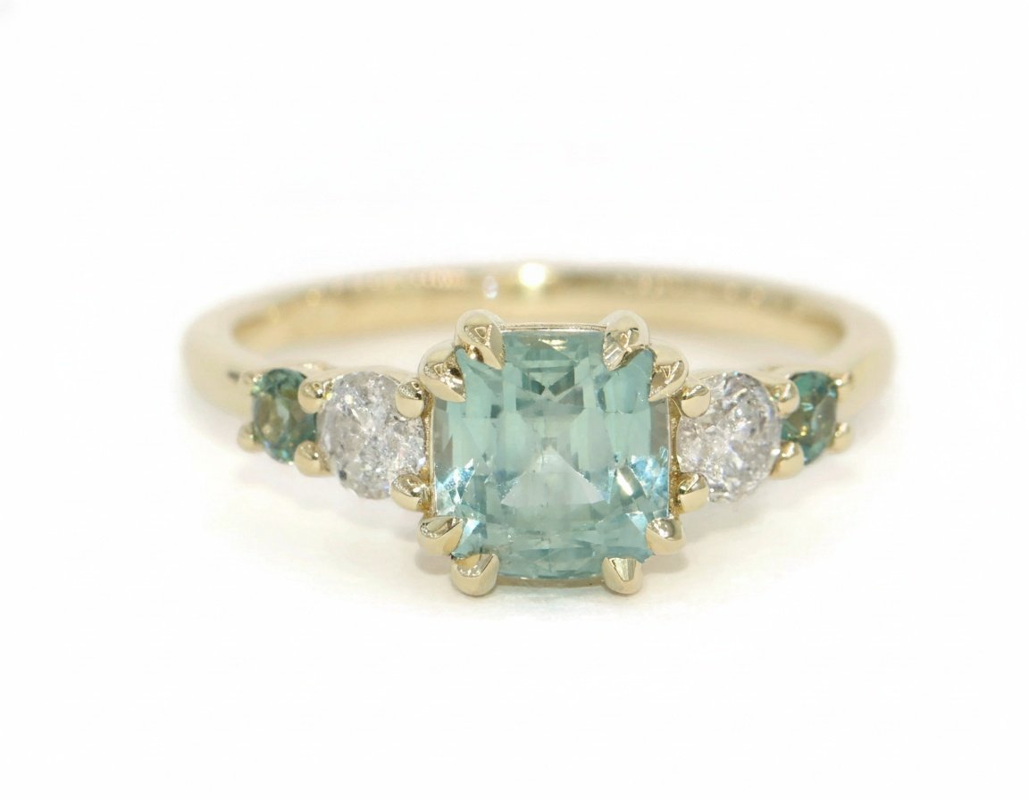 2 carat Sea-Foam Blue Green Natural Sapphire Engagement Ring