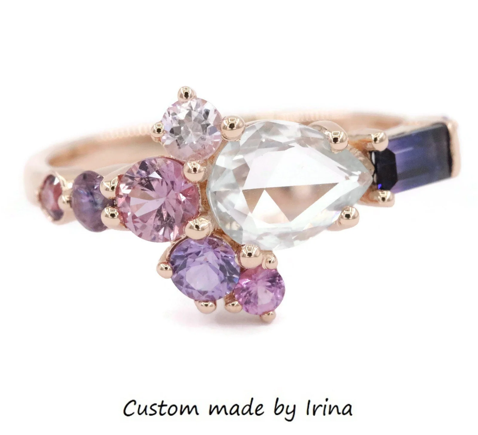 Ombre Pink Purple Pear Sapphire Cluster Ring 14k Solid Gold