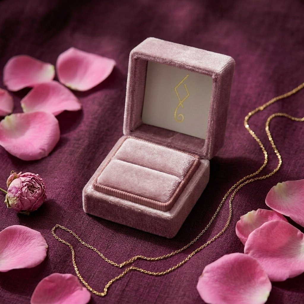 A pink velvet jewelry box containing jewelry, surrounded by pink rose petals and a gold chain on a dark pink fabric background.