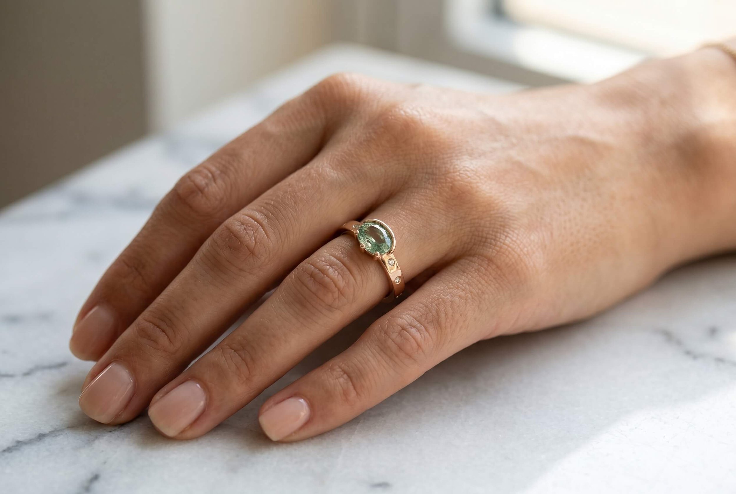 Round moss agate solitaire engagement ring with pavé diamond band in yellow gold worn on model's hand against marble surface