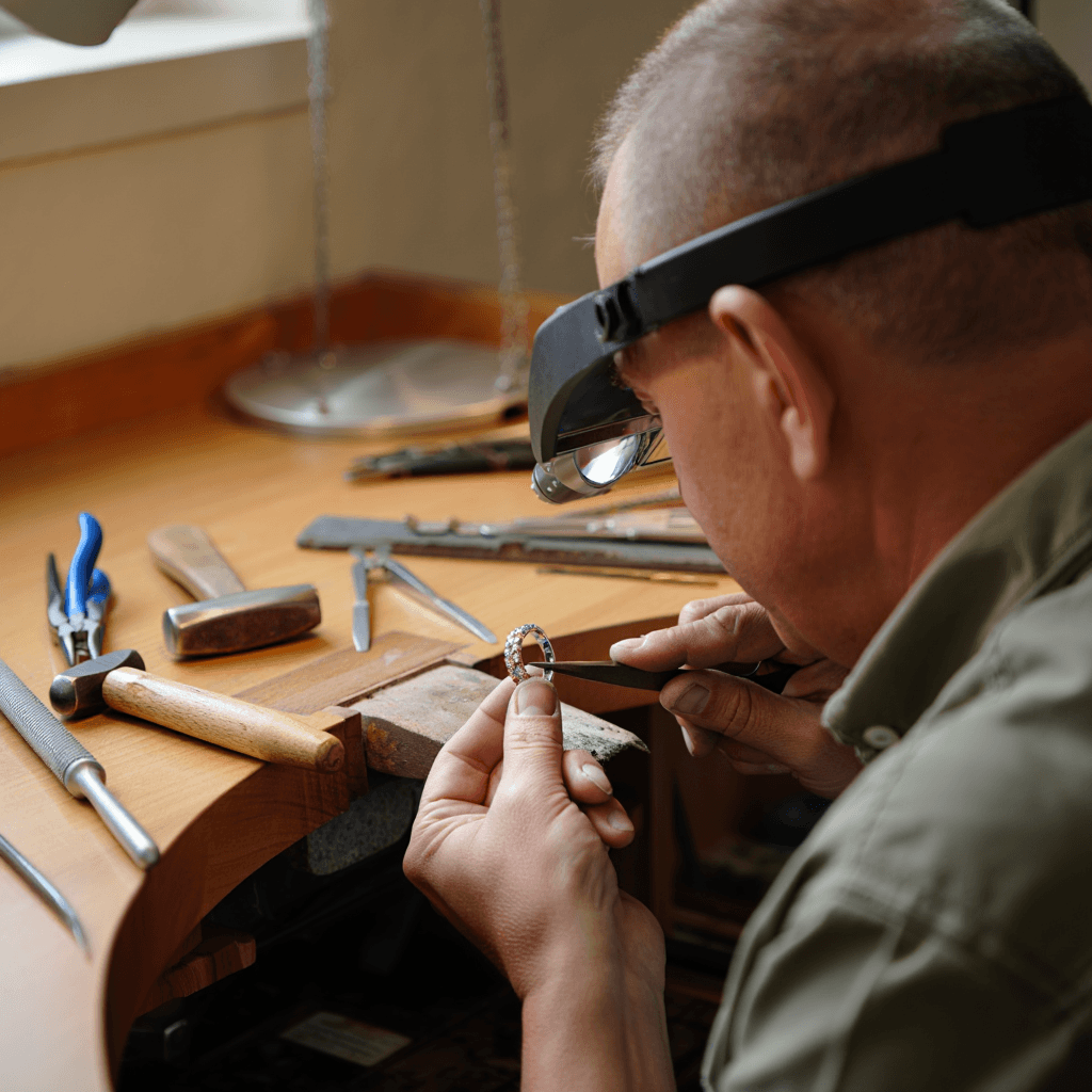 A jeweler wearing magnifying glasses works on a ring using small tools at a workbench with jewelry-making tools and materials.