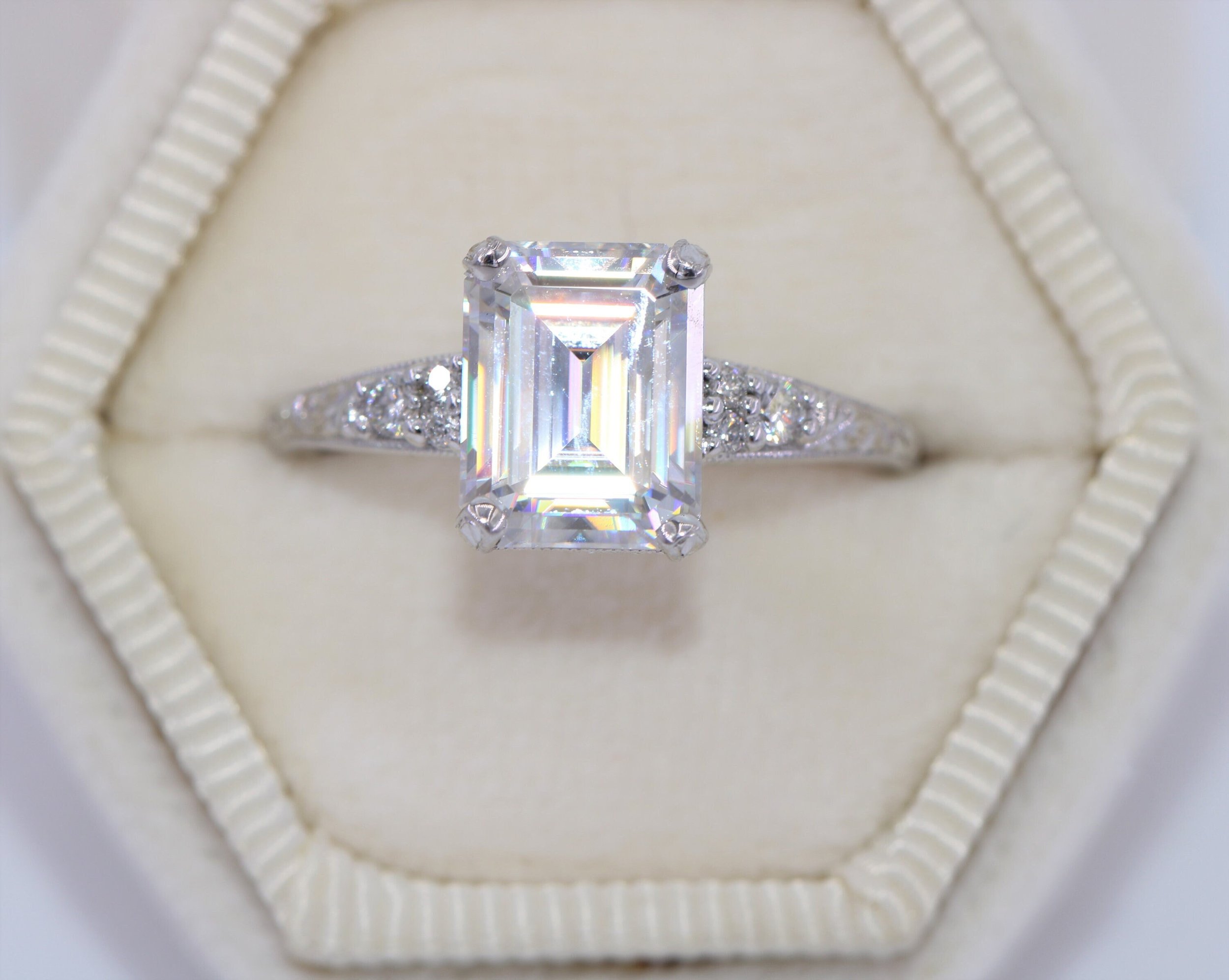Hand Engraved 2 ct IGI Certified Lab Diamond Vintage Style Inspired Engagement Ring
