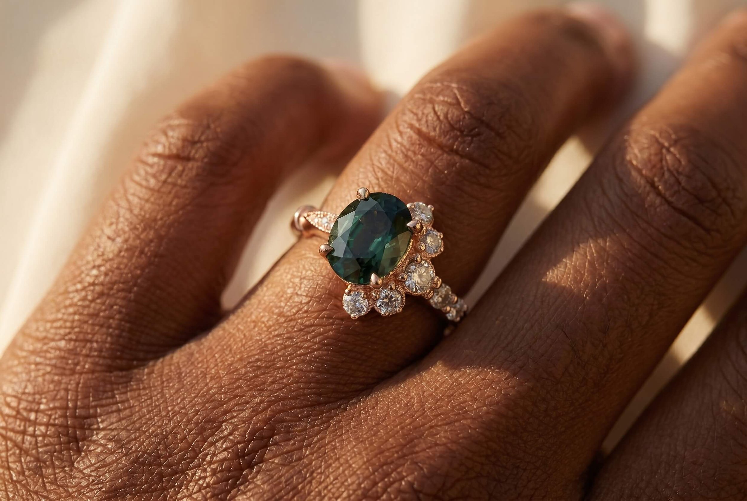 Close-up of a dark-skinned hand wearing an elegant rose gold ring with a large oval teal-green center stone surrounded by a halo of small sparkling diamonds.