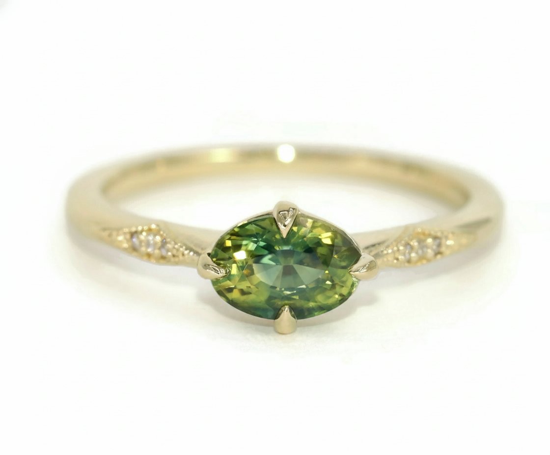 1.1 carat Blue Green Oval Natural Sapphire Engagement Ring