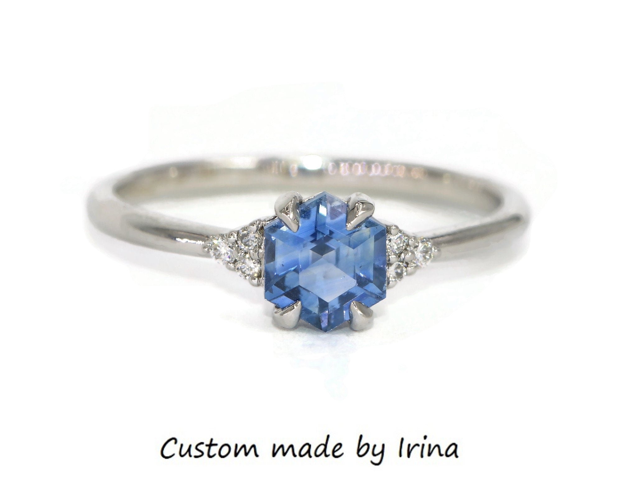 Natural Hexagon Blue Sapphire and Natural Diamonds Cluster Engagement Ring