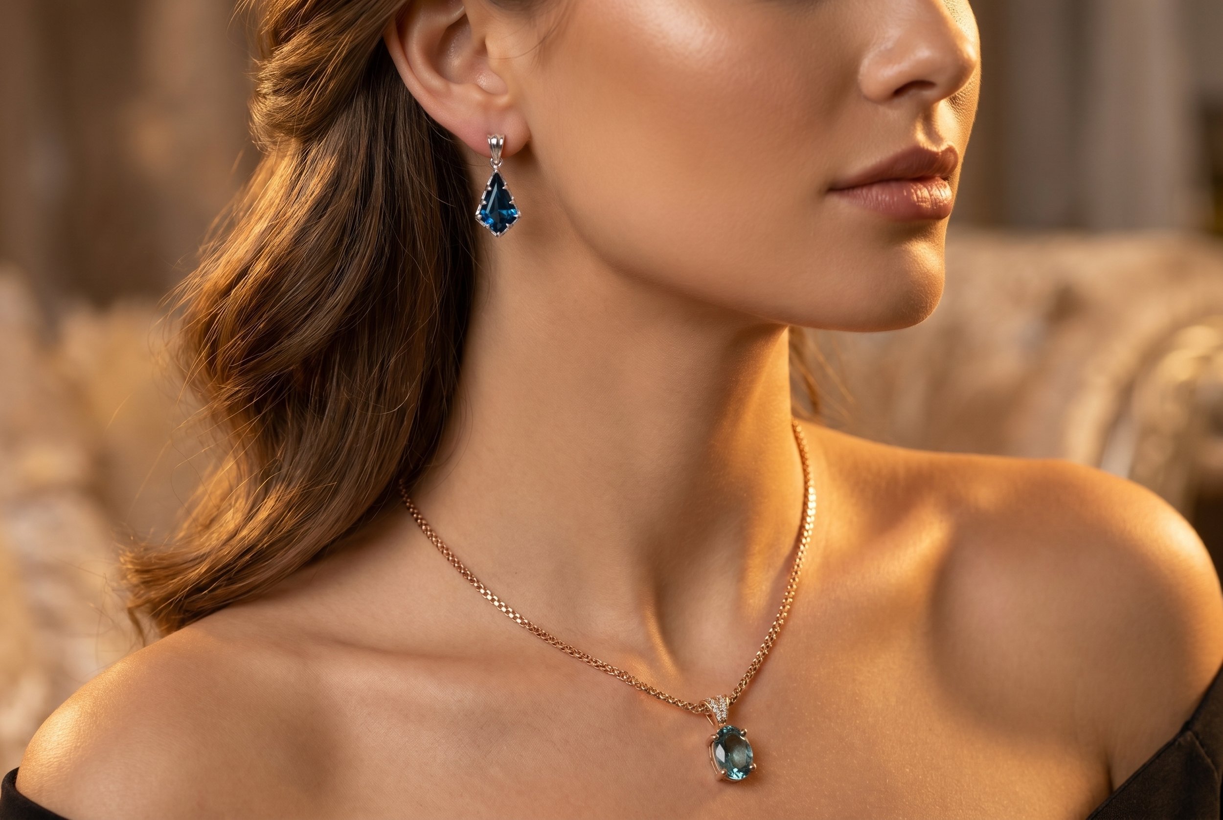 A close-up of a woman wearing a blue gemstone drop earring and a matching oval blue gemstone pendant on a rose gold chain.