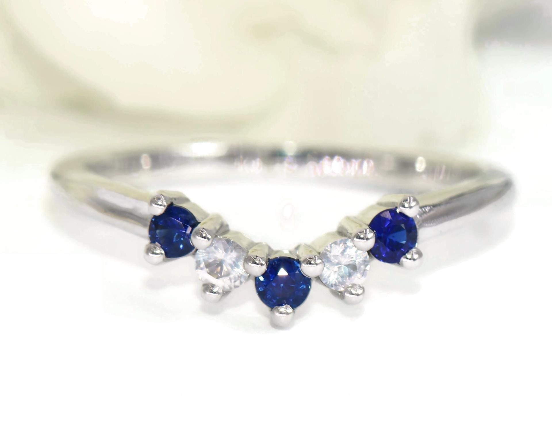 Curved 5 Stone Cluster Band with Alternating Blue and White Natural Sapphire