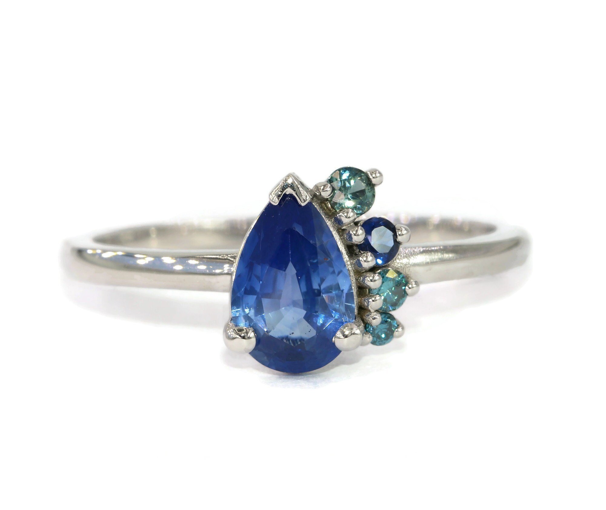 1.5 ct Pear Natural Sapphire Ombre Blue Teal Half-Moon Cluster Ring