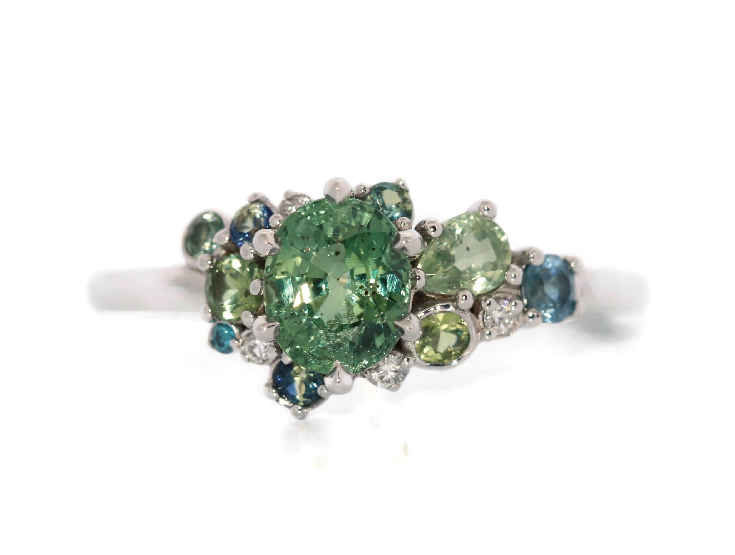 Custom Made Teal Blue Green 1.3 ct Oval Sapphire Cluster Ombre Ring