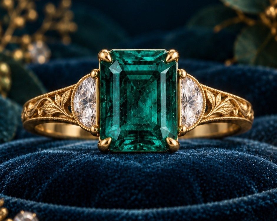 3 stone AI Custom Designed Ring with leaves and emerald center stone and trillion diamonds in 18k yellow solid gold.