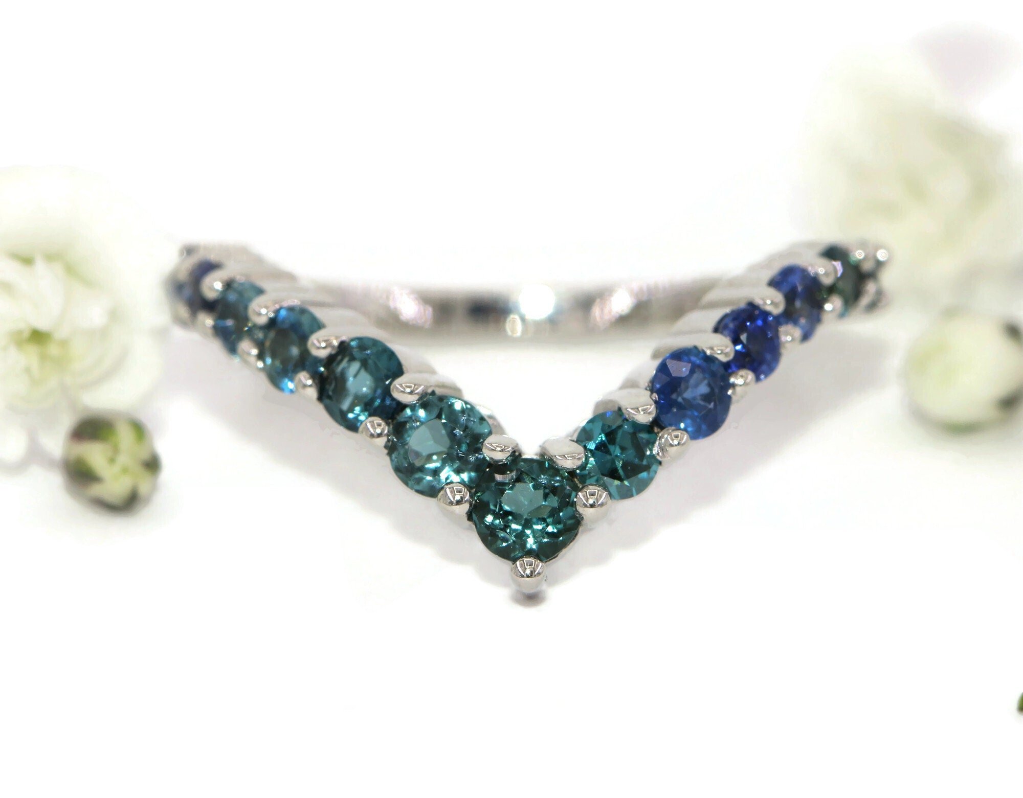 2.5 ct Marquise Ombre Natural Sapphire Blue Green Cluster Rings Set