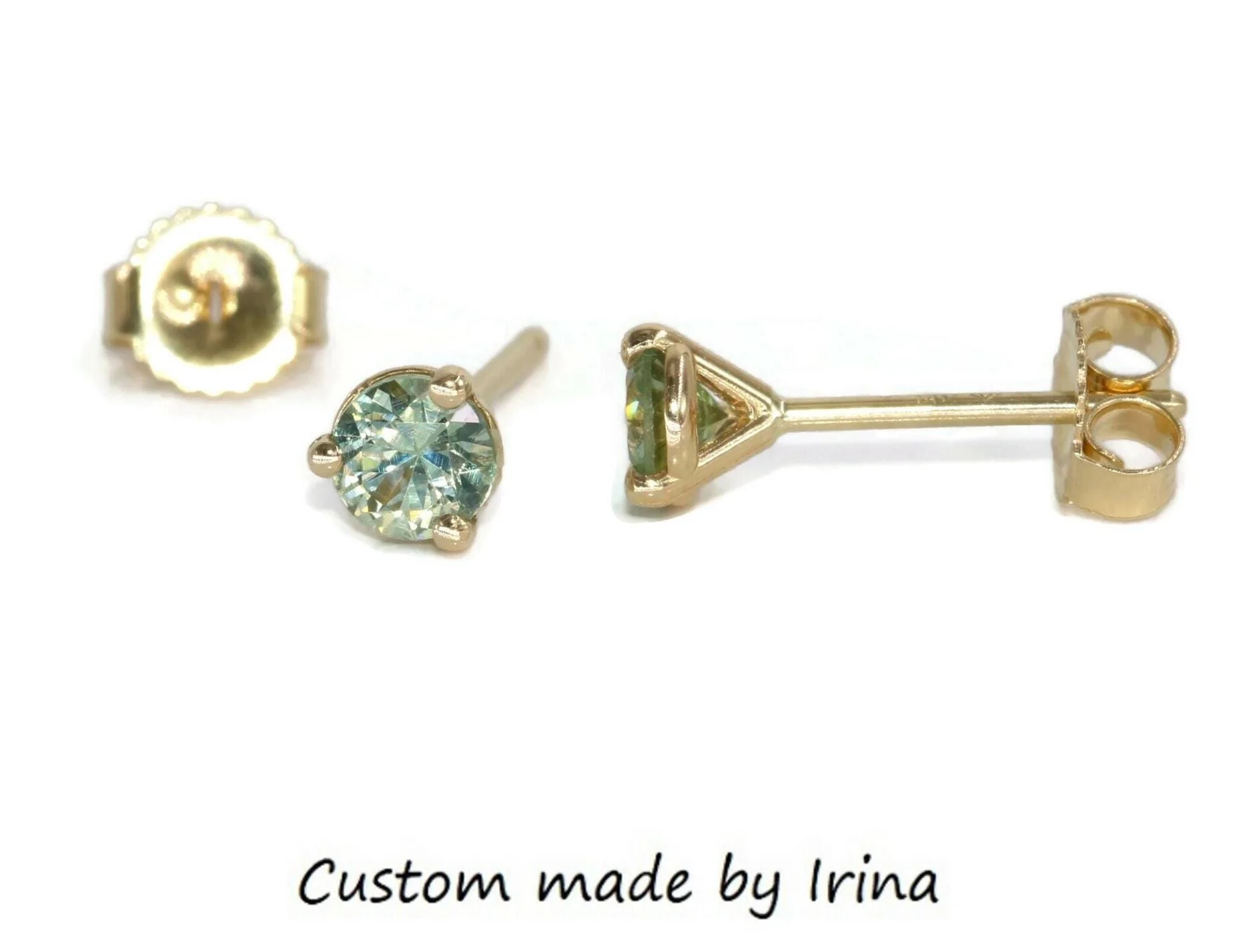 Martini Round Pastel Teal Green Natural Sapphire Stud Earrings 14k Solid Gold