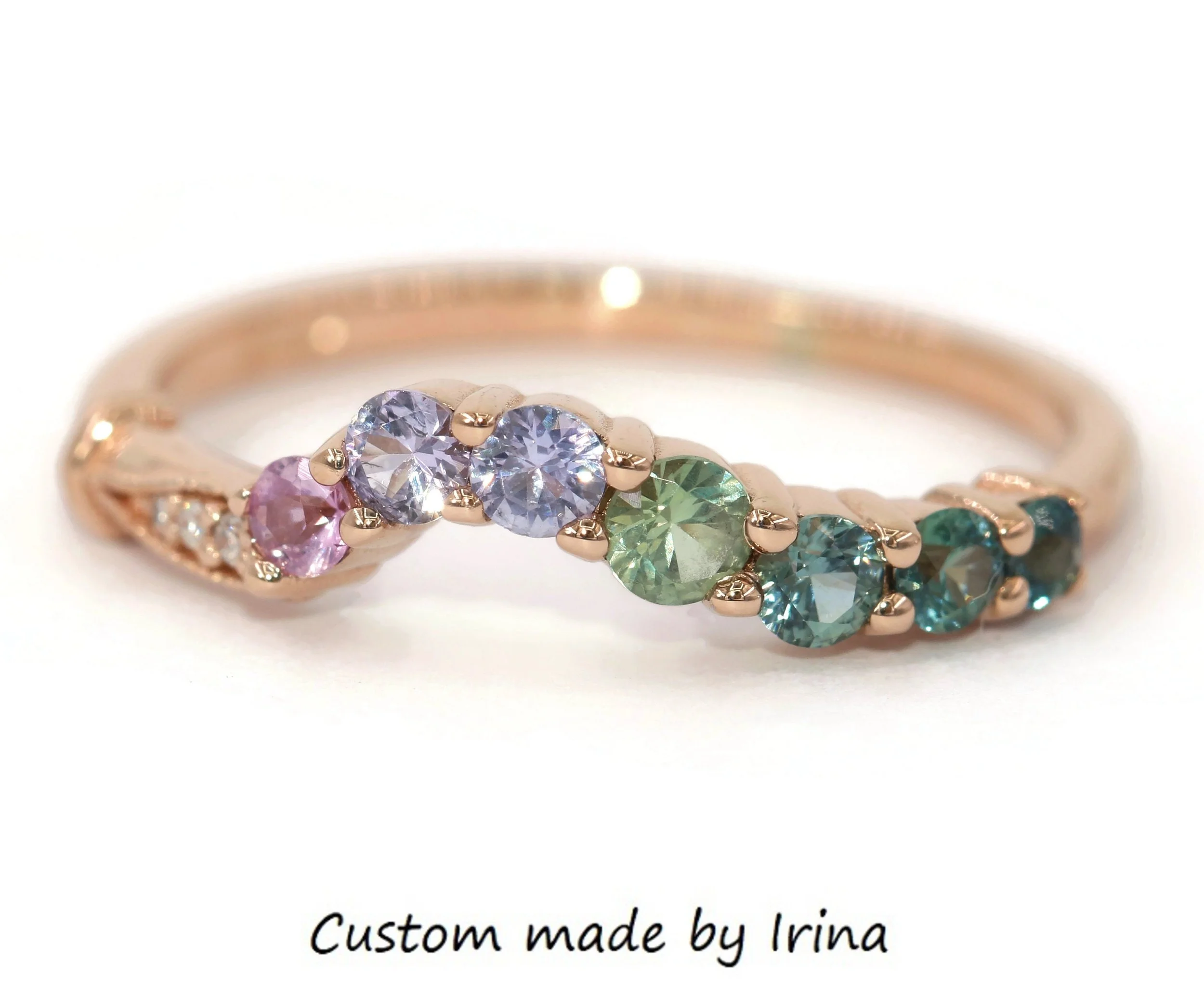 Ombre Cluster Sapphires and Diamonds Curved Wedding Band 14k Solid Gold