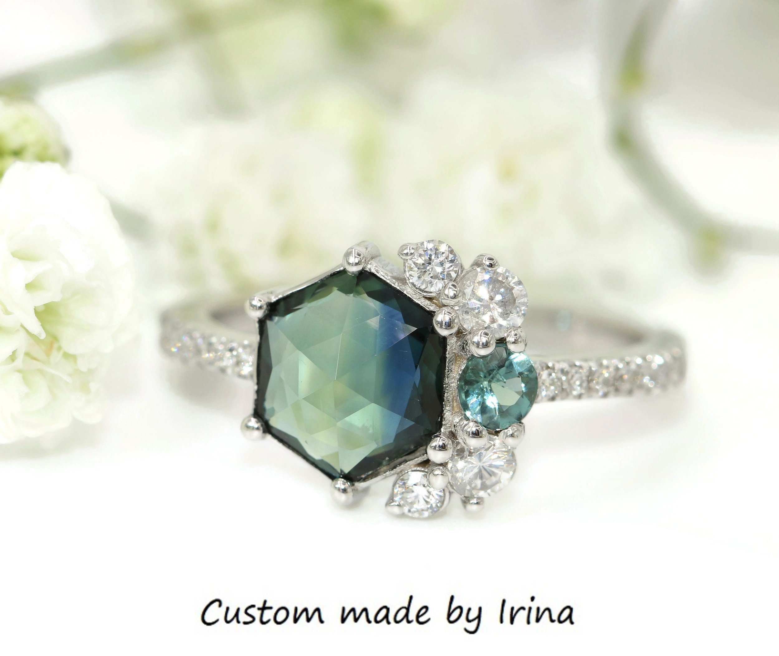 Blue Green Parti Natural Hexagon Sapphire Cluster Engagement Ring