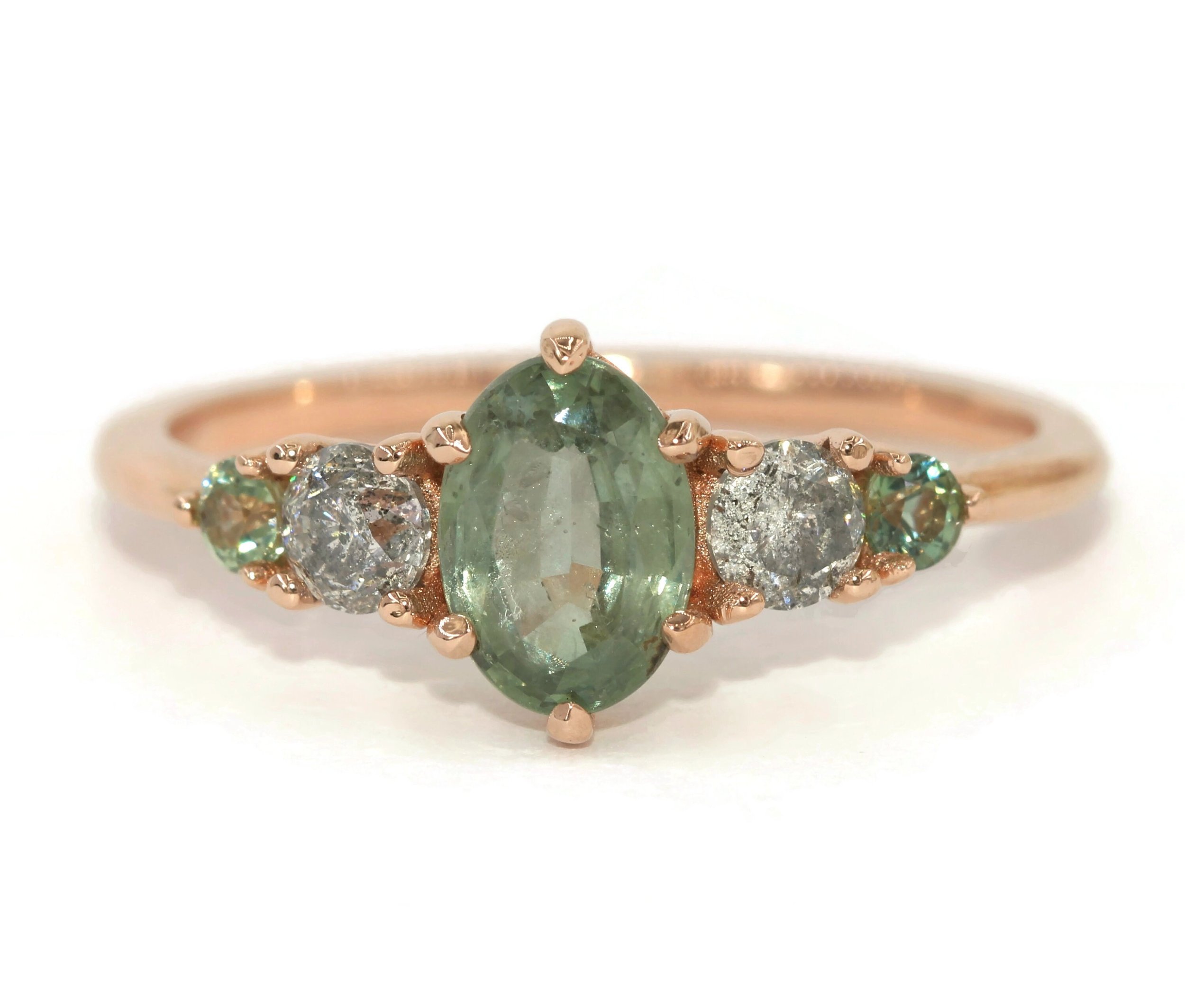 1 ct Oval Pastel Teal Green Natural Sapphire 5 Stone Ring