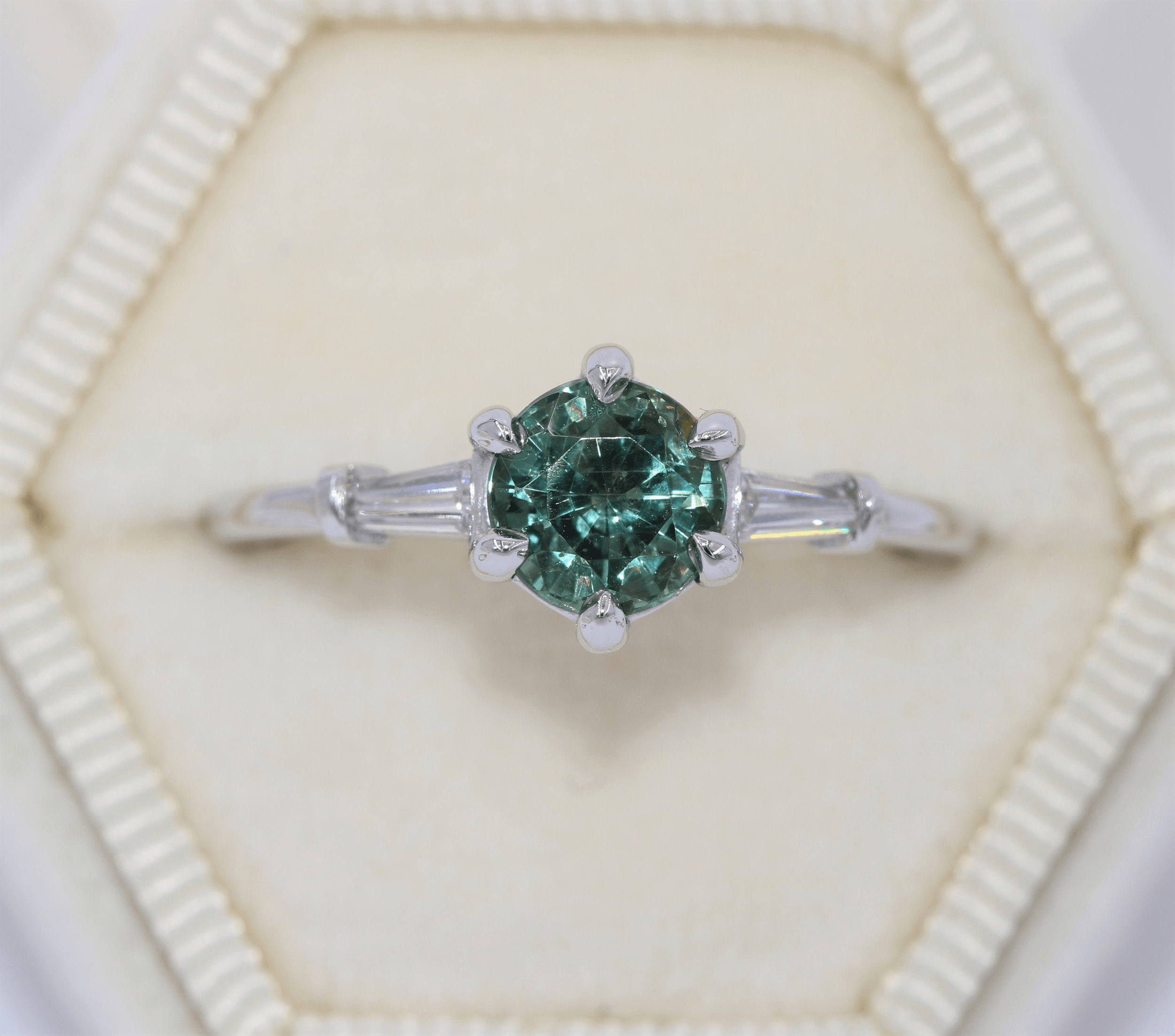 GIA Certified 1.8 ct Unheated Teal Blue Green Montana Sapphire 3 Stone Ring with Baguette Diamonds