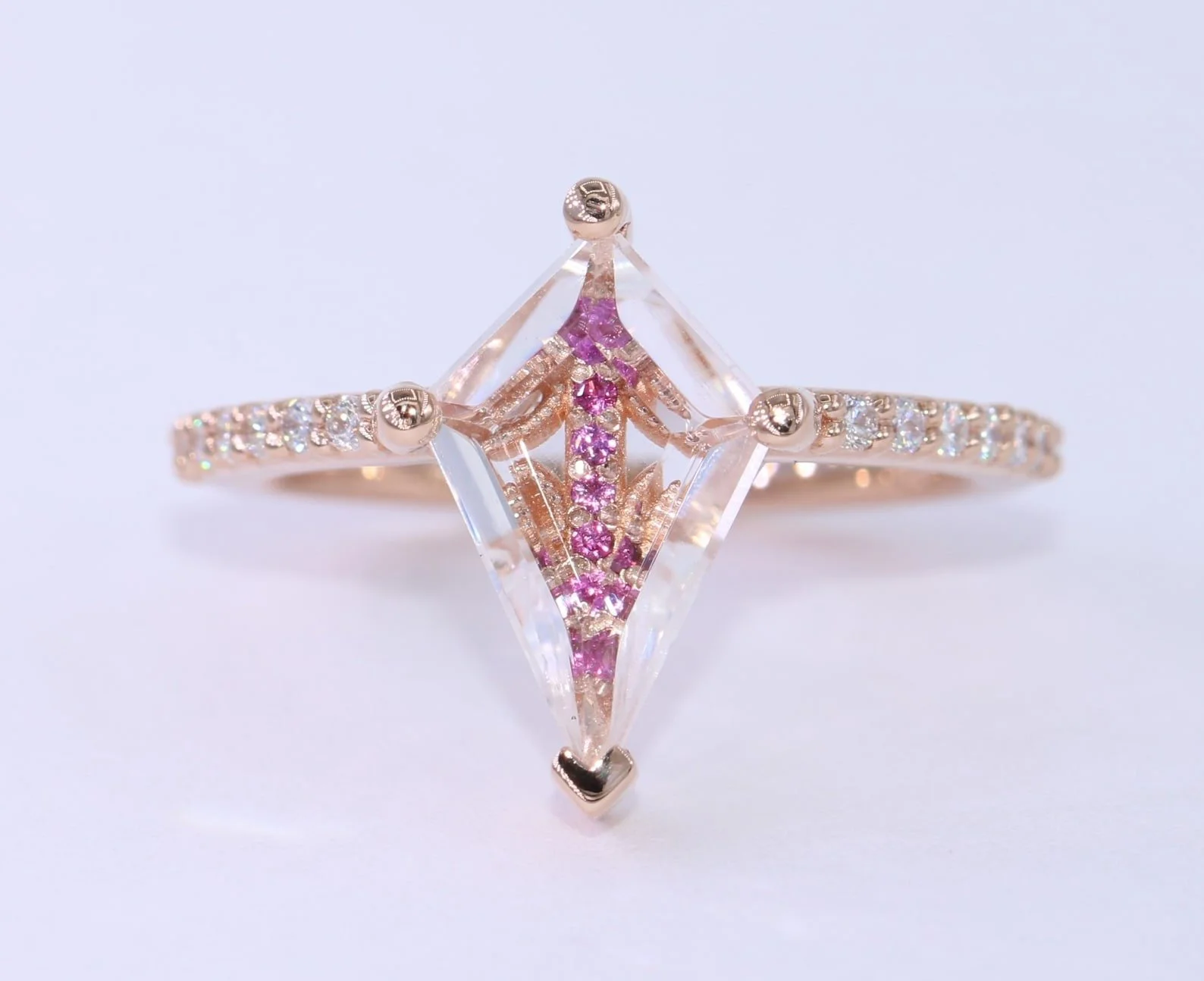 Transparent Kite Unique Ring with Pink Natural Sapphires + Diamonds 14k Rose Gold