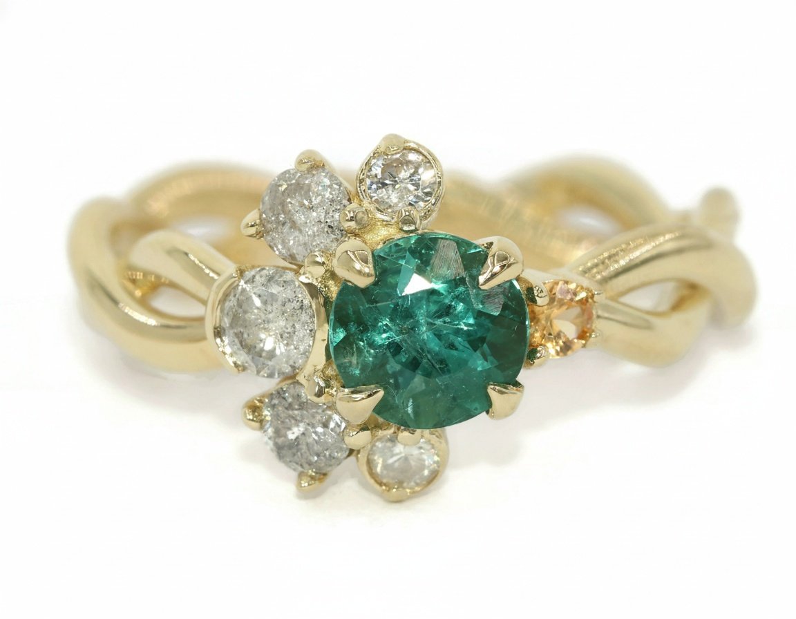 Sun and Moon Teal Blue Green 1 ct Natural Tourmaline Cluster Engagement Ring