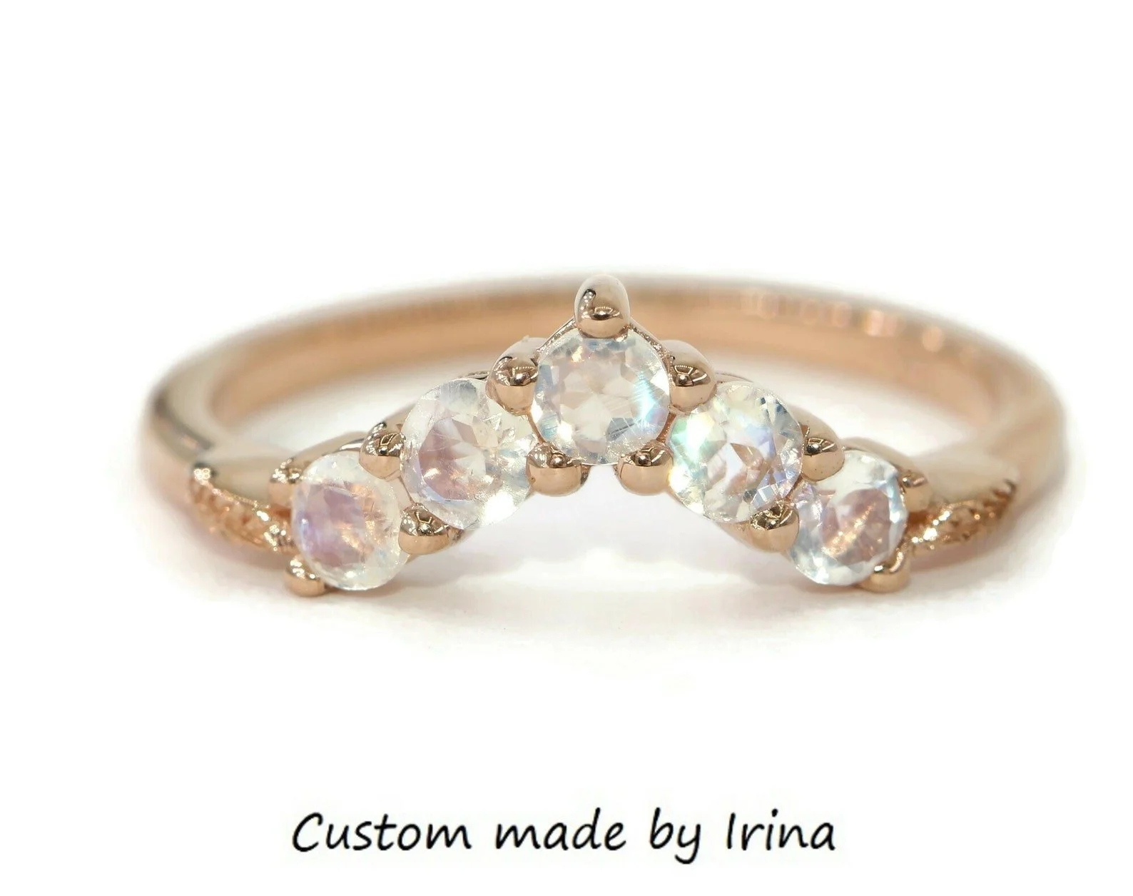 Flair Leaf Engraved Moonstone Wedding Ring 14k Solid Gold