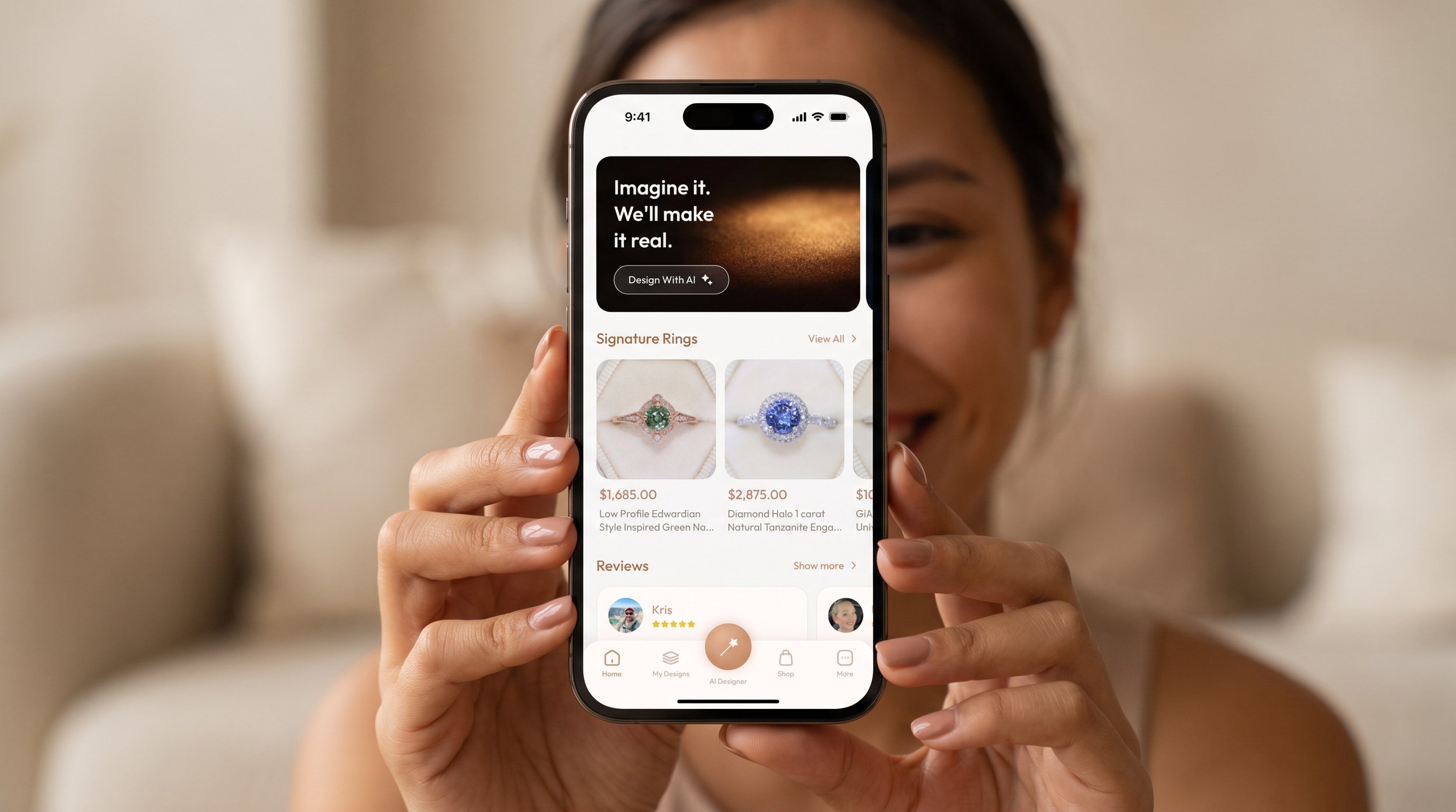 Smiling woman holding a phone showing a jewelry app's home screen with an AI ring design feature and rings for sale
