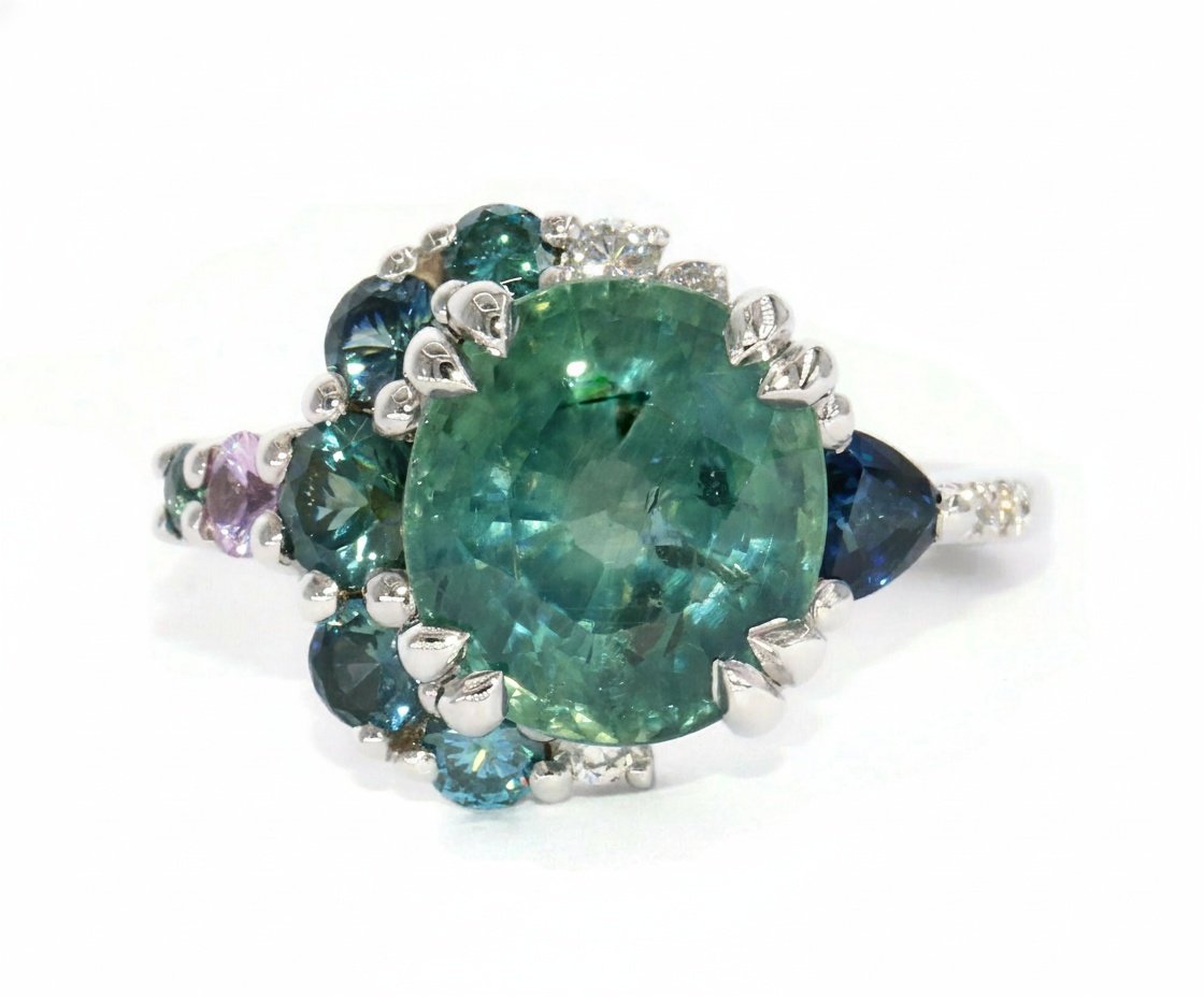 Custom-made Ombré Teal Blue Green Natural Sapphires Cluster Engagement Ring SETTING ONLY