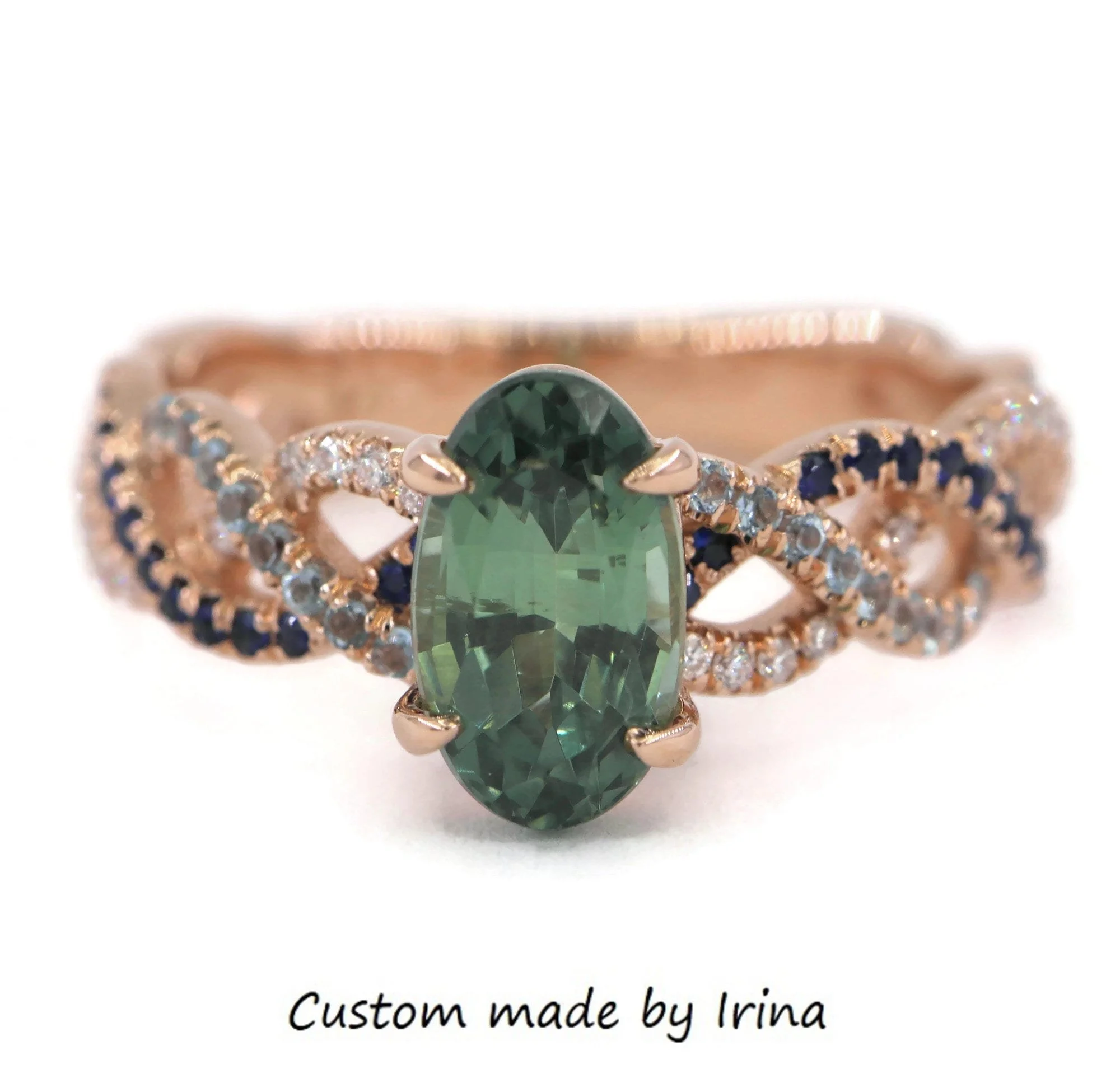 2 ct Teal Blue Green Oval Natural Sapphire Engagement Ring with Pave Braid Shank 14k Solid Gold