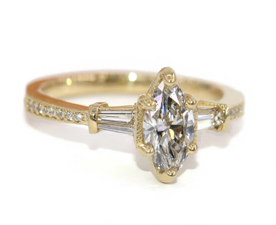 Custom Made Vintage Inspired Marquise Natural Diamond with Tapered Baguettes