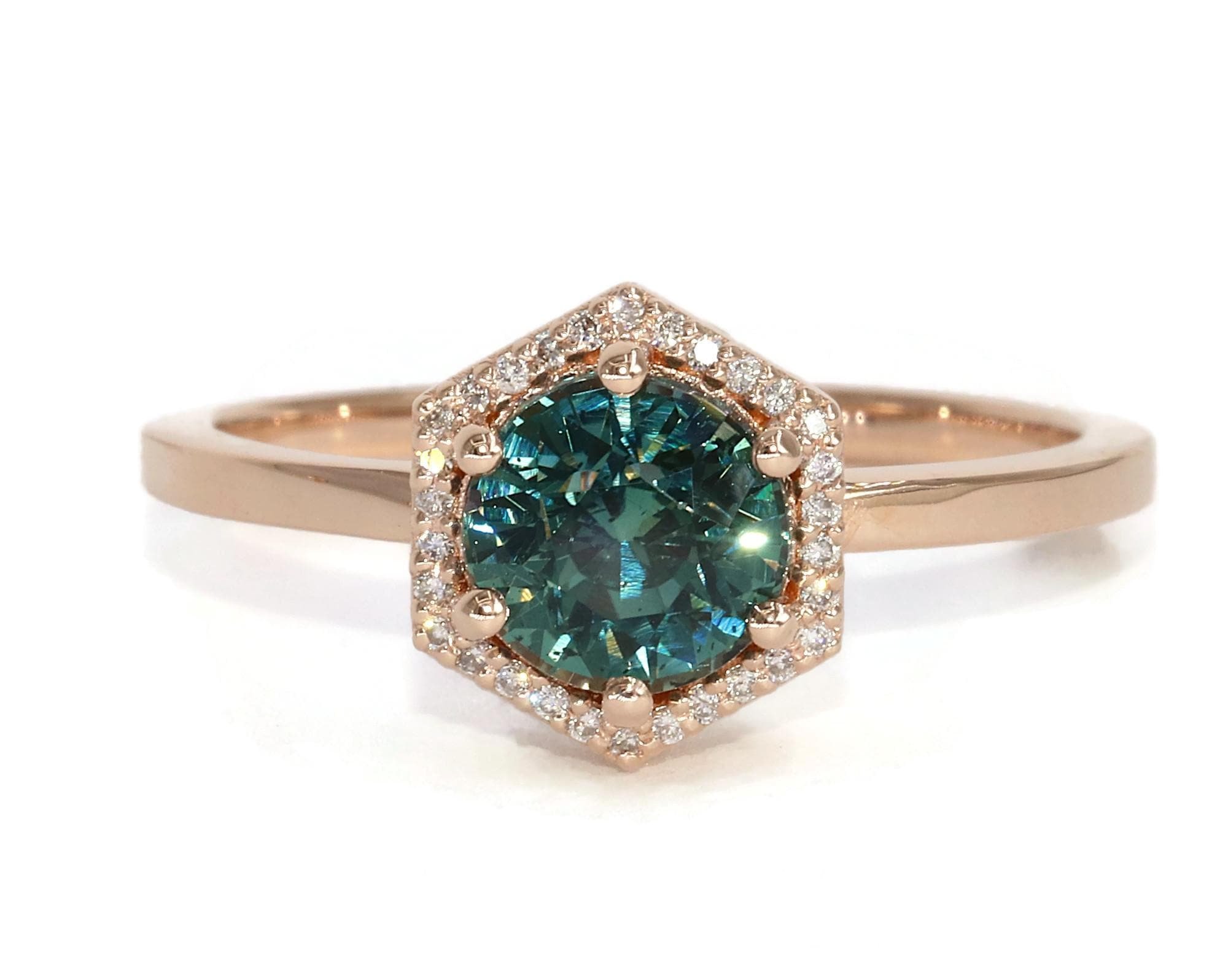 1.5 ct Teal Blue Green Natural Sapphire Hexagon Diamond Halo Ring