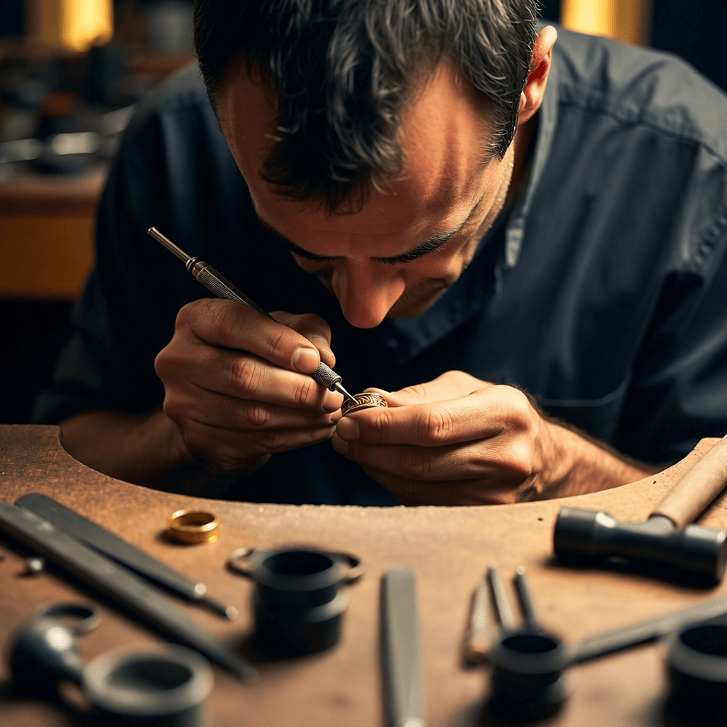 Man working on jewelry with precision tools surrounded by various jewelry-making equipment and parts on a workbench.
