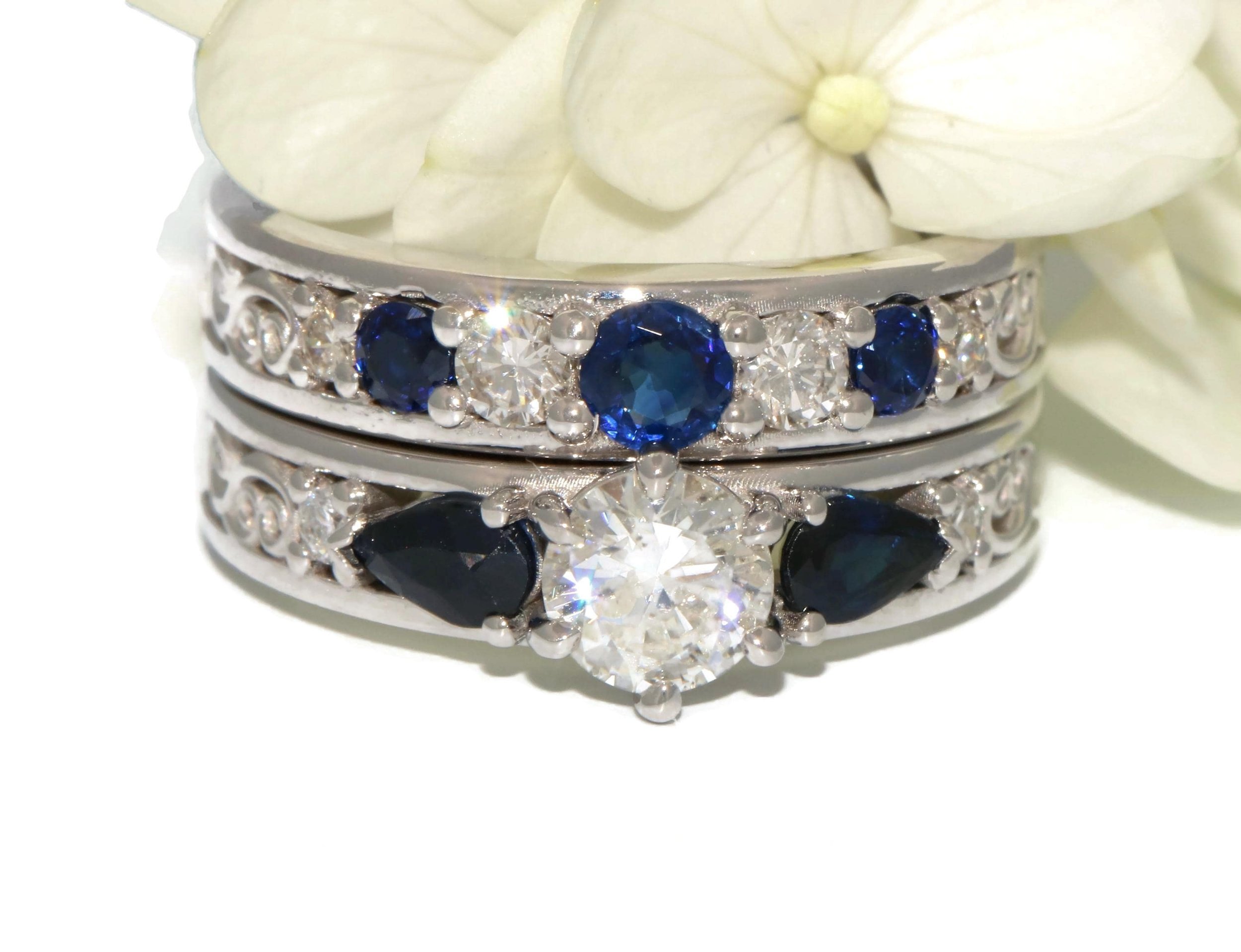 IGI 1 ct Lab Diamond and Natural Sapphires Lace Scroll Filigree Custom Made Ring