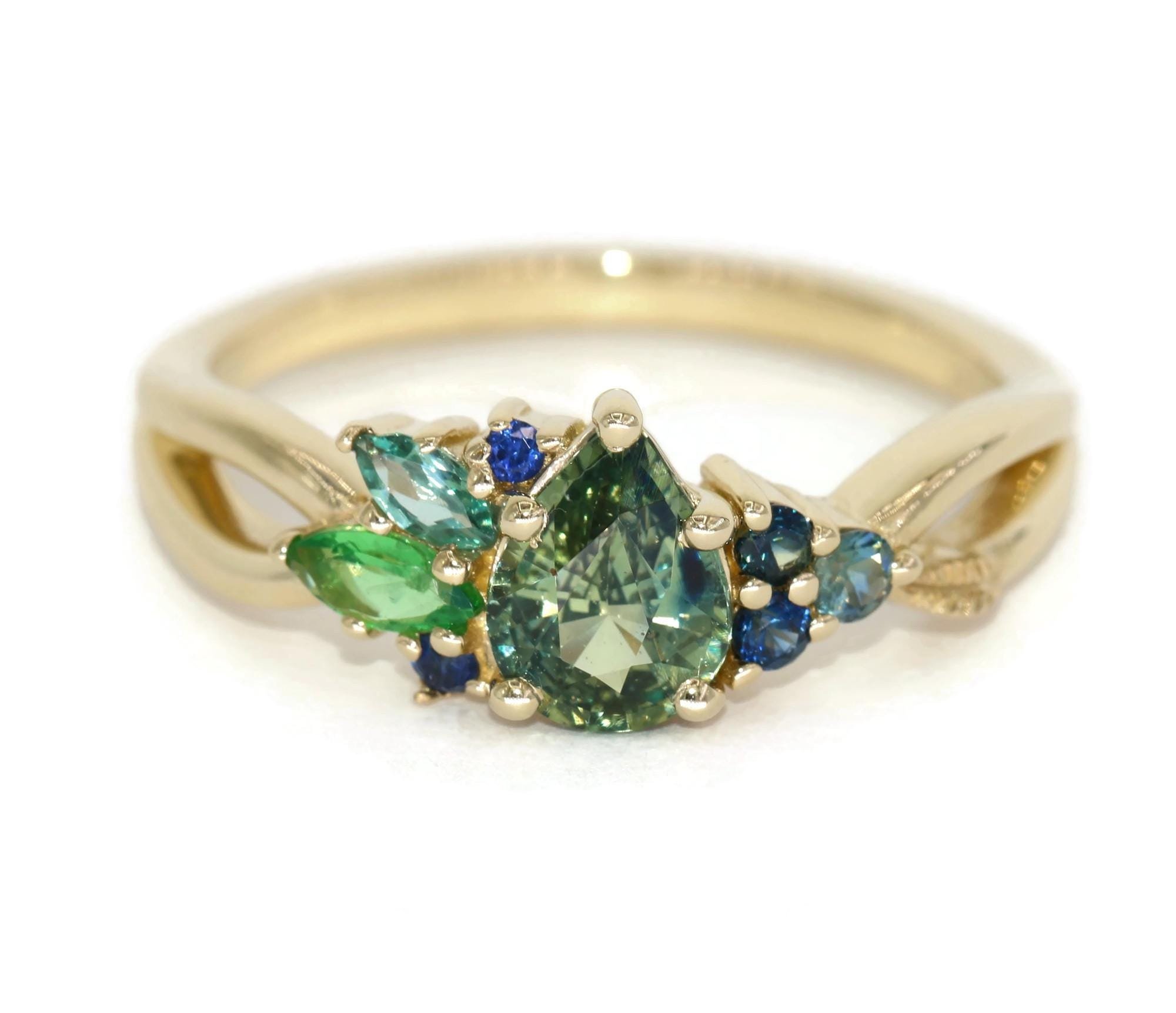 1 ct Blue Green Pear Natural Sapphire Ombre Cluster Ring