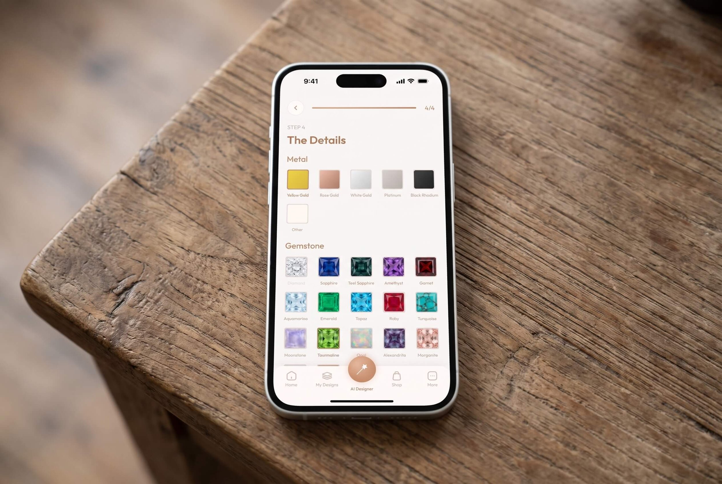 A smartphone displays an AI ring design screen with yellow gold, rose gold, white gold, platinum, and black rhodium metal options and a grid of gemstones in various colors and cuts.