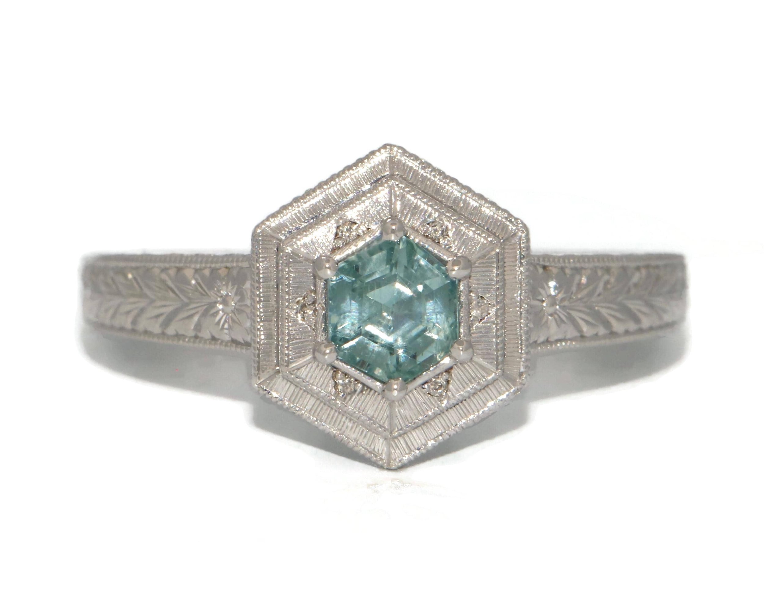 Hand Engraved Hexagon Unheated Natural Montana Sapphire Ring
