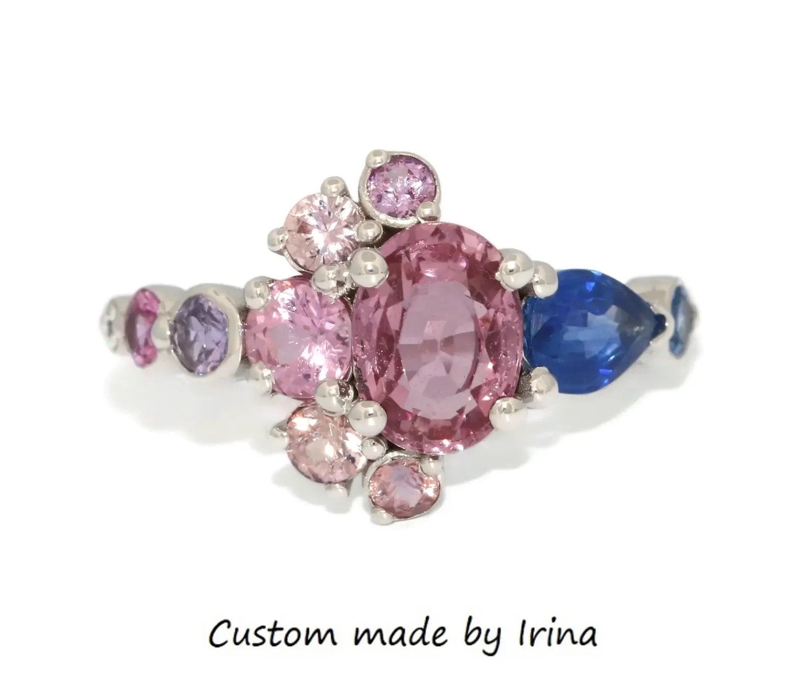 Ombre Cluster 1 ct Oval Pink Sapphire Ring with Celestial Half-Moon Crescent Halo 14k Solid Gold