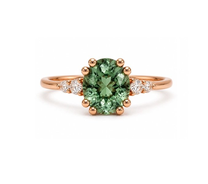 1.1 ct Oval Teal Green Natural Sapphire  5 Stone Engagement Ring