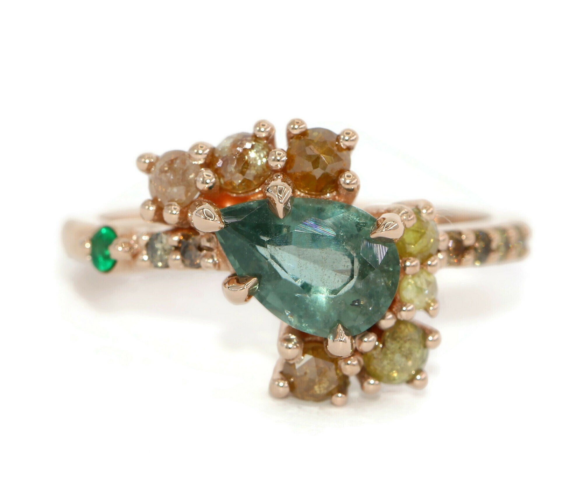 1.5 ct Pear Green Sapphire Ombre Cluster Engagement Ring