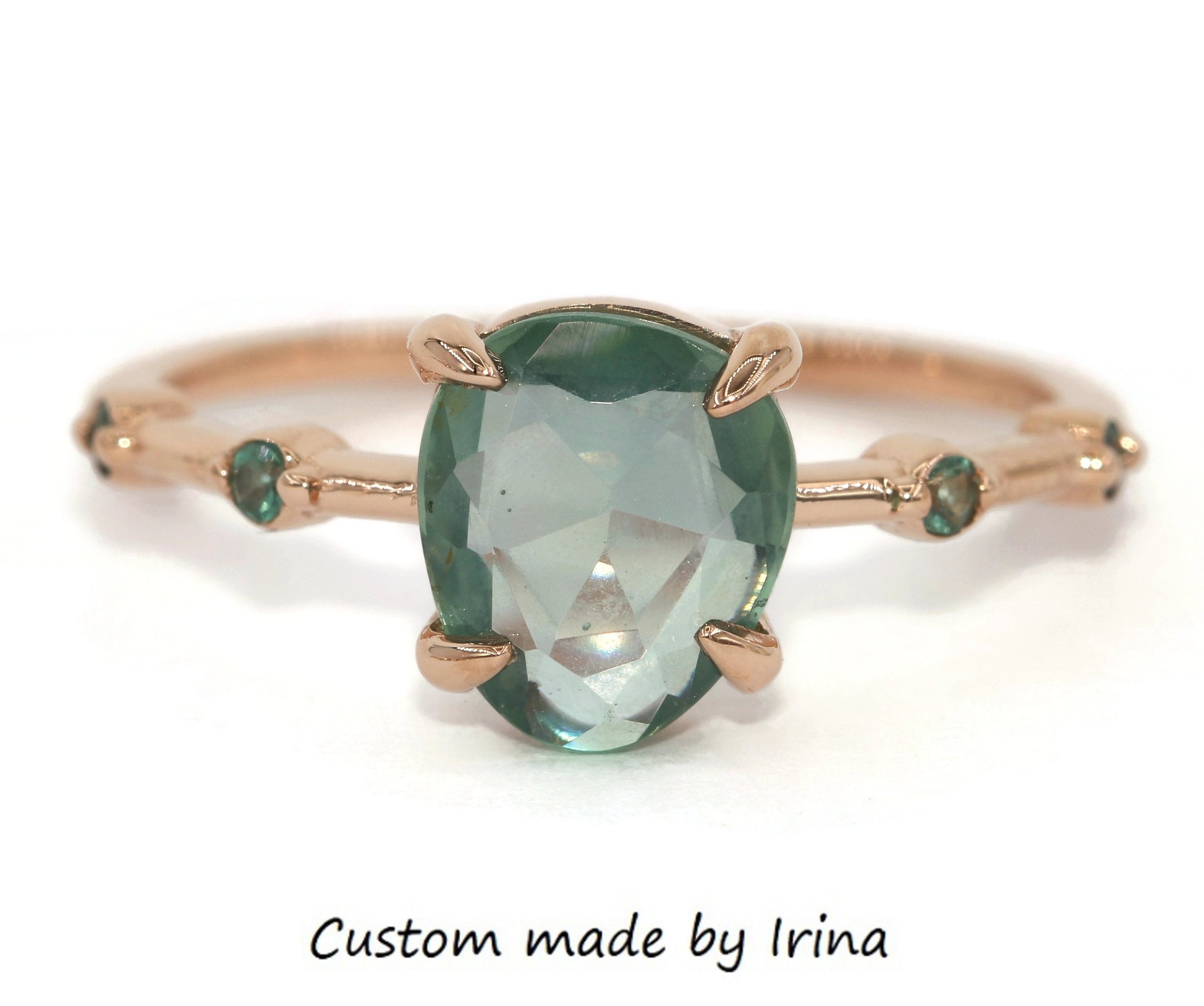 Teal Green Unheated Natural Montana Sapphire and Alexandrite 5 Stone Flush Ring 14k Solid Gold