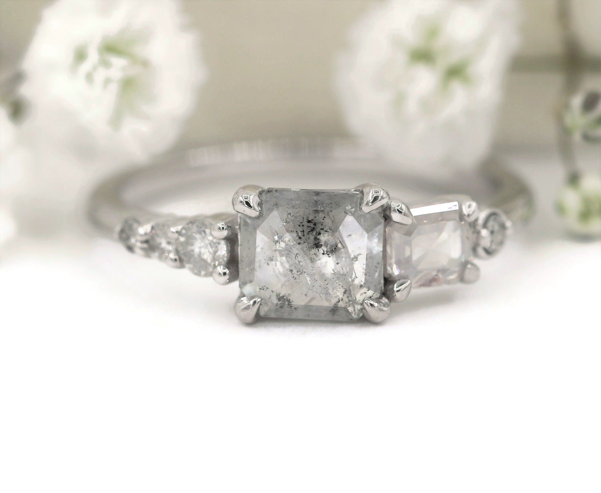 Salt and Pepper Ice Gray Natural Diamond Linear Ombre Cluster Ring
