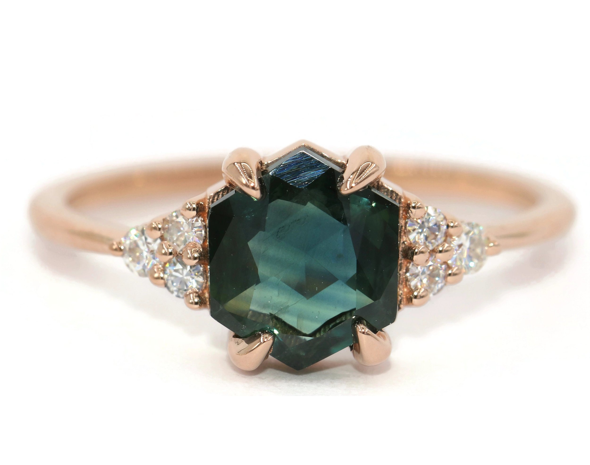 1 carat Blue Green Hexagon Shape Parti Natural Sapphire Ring Custom Made