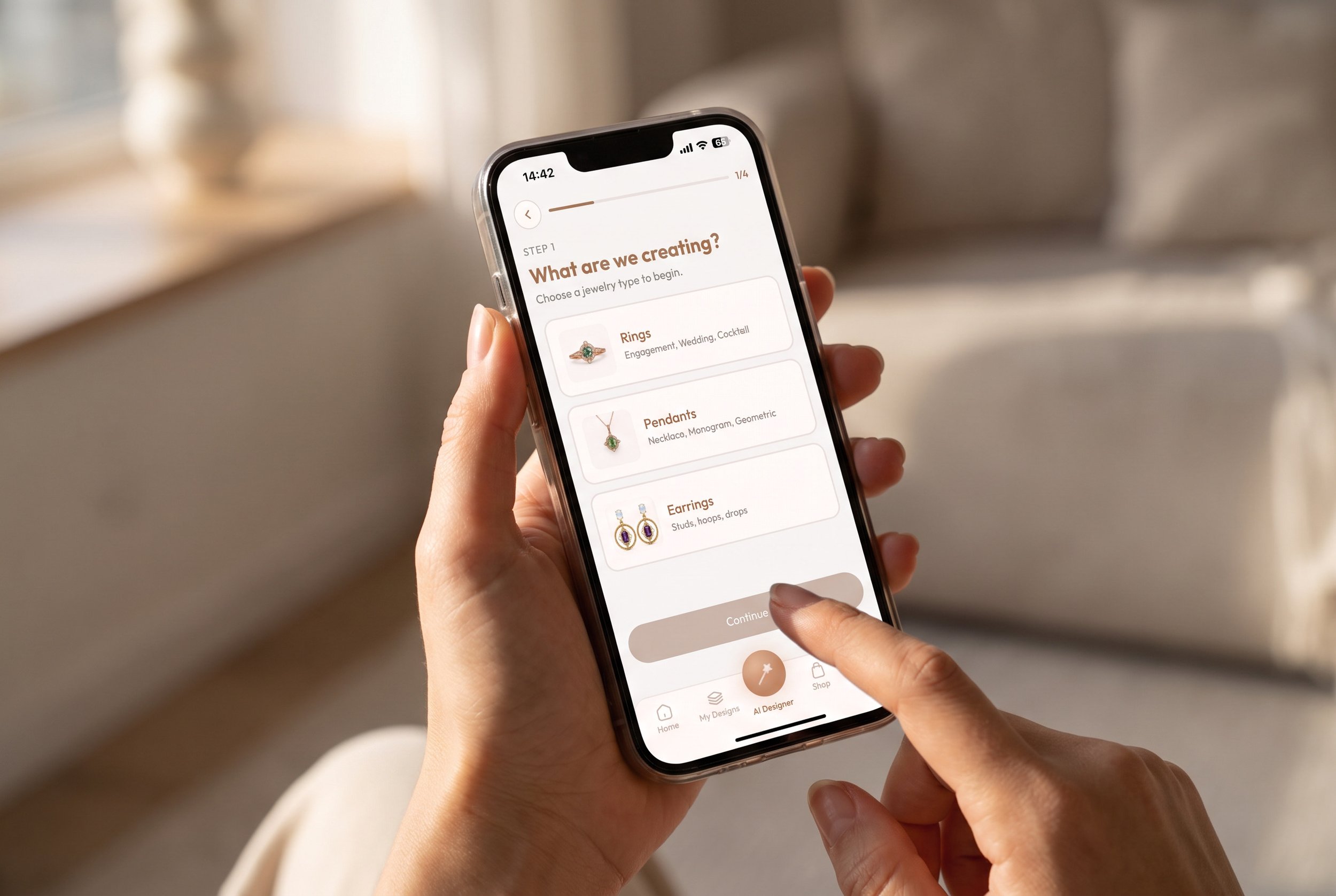 Hand tapping Continue on a jewelry app's screen for choosing between rings, pendants, and earrings