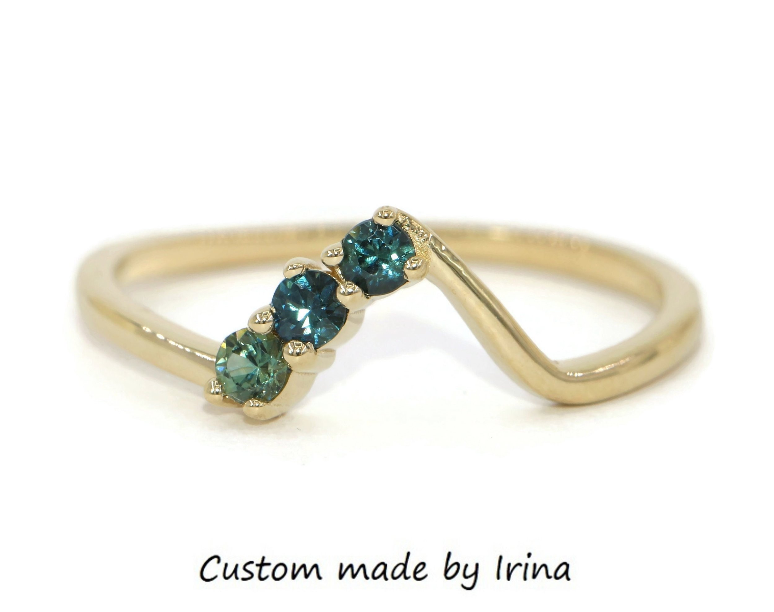 Flair Cluster Asymmetrical Blue Green Ombre Wedding Matching Band 14k Solid Gold