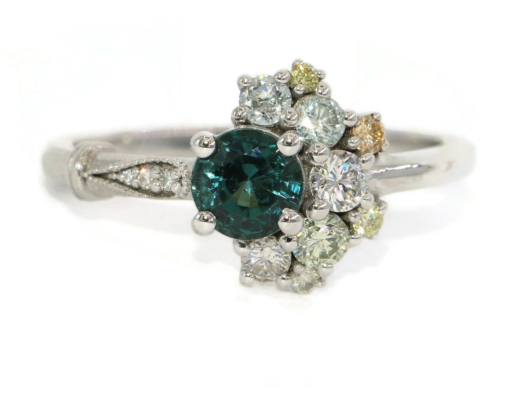 Teal Blue Natural Sapphire Ombré Cluster Engagement Ring