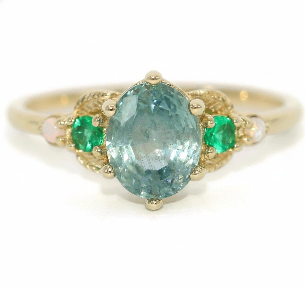 5 stone Hand Engraved Leaf Ring with Opals and Emeralds, Setting ONLY
