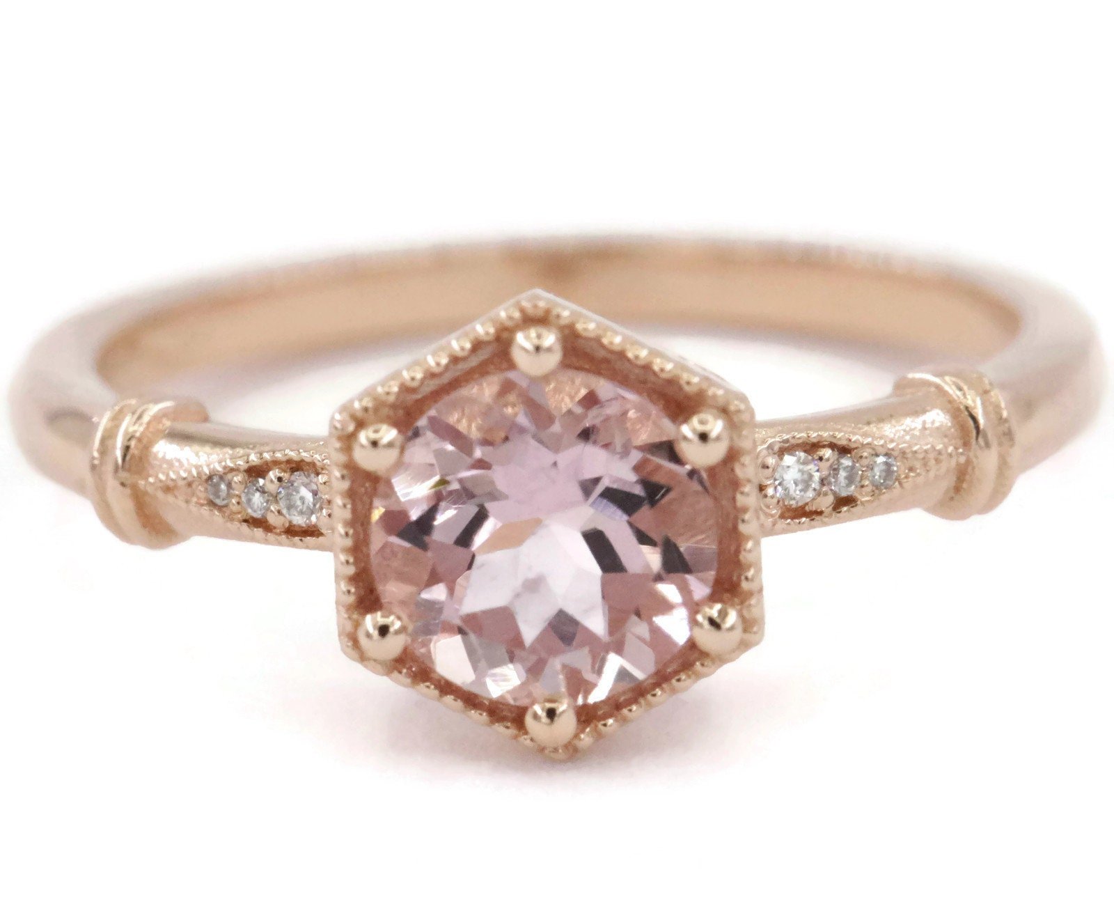 1 ct Hexagon Frame Natural Morganite Ring Vintage Style Inspired