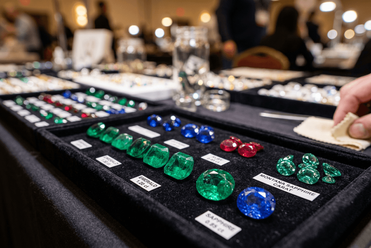 Display tray of labeled loose gemstones including emeralds, Montana sapphires, and rubies at a gem trade show