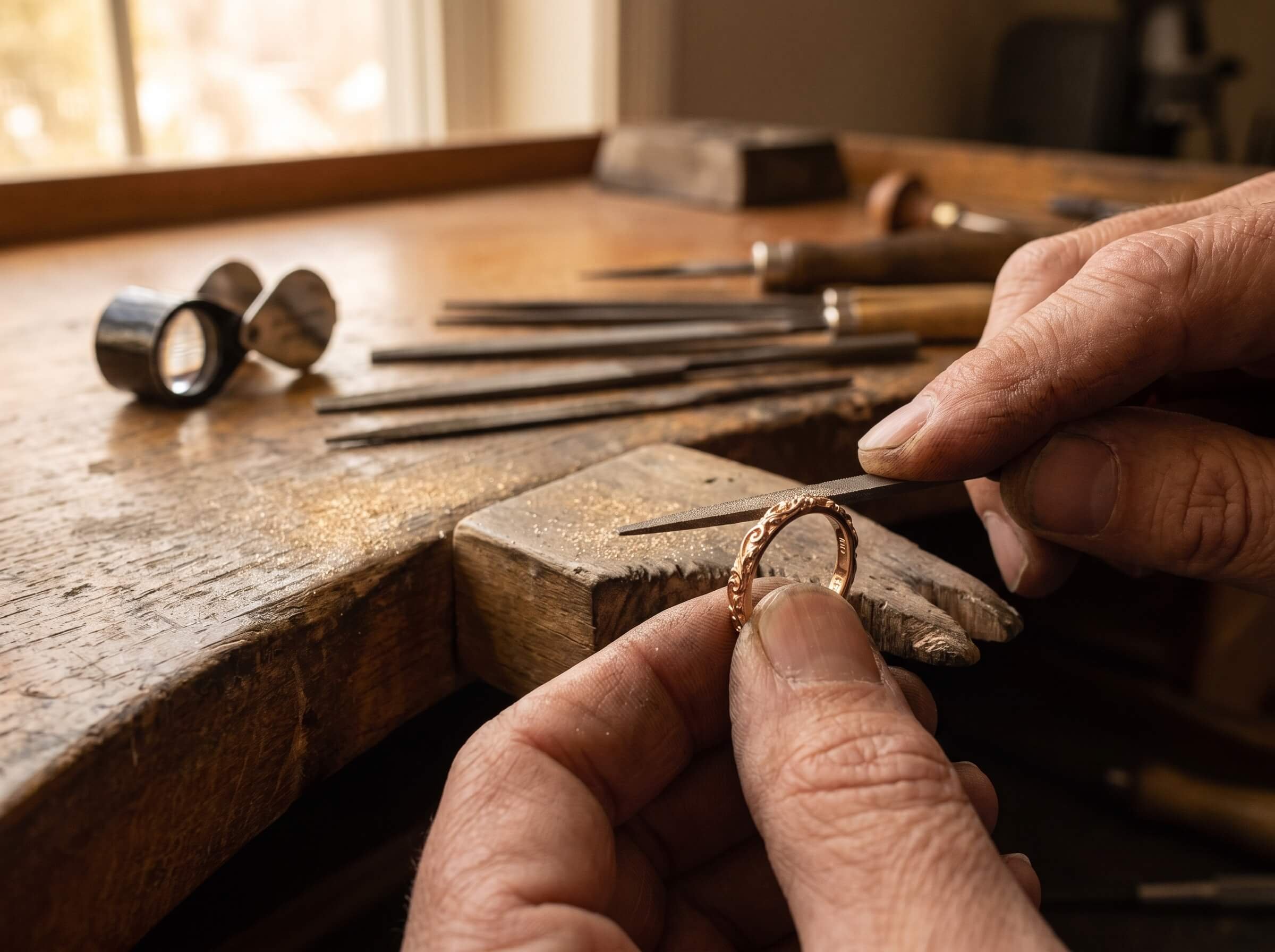 A jeweler's hands file and refine a delicate rose gold filigree band at a wooden workbench surrounded by metalworking tools.